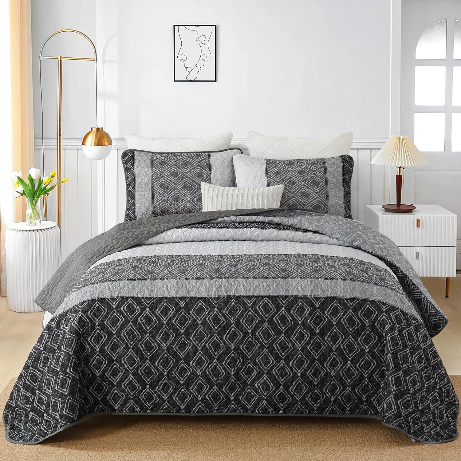 Cottolester Boho Quilt Set King Size 3 Pieces,Grey Striped Plaid Bedspread,Soft Microfiber Bedding Set with 2 Pillow Shams 110"x90" - Image 2
