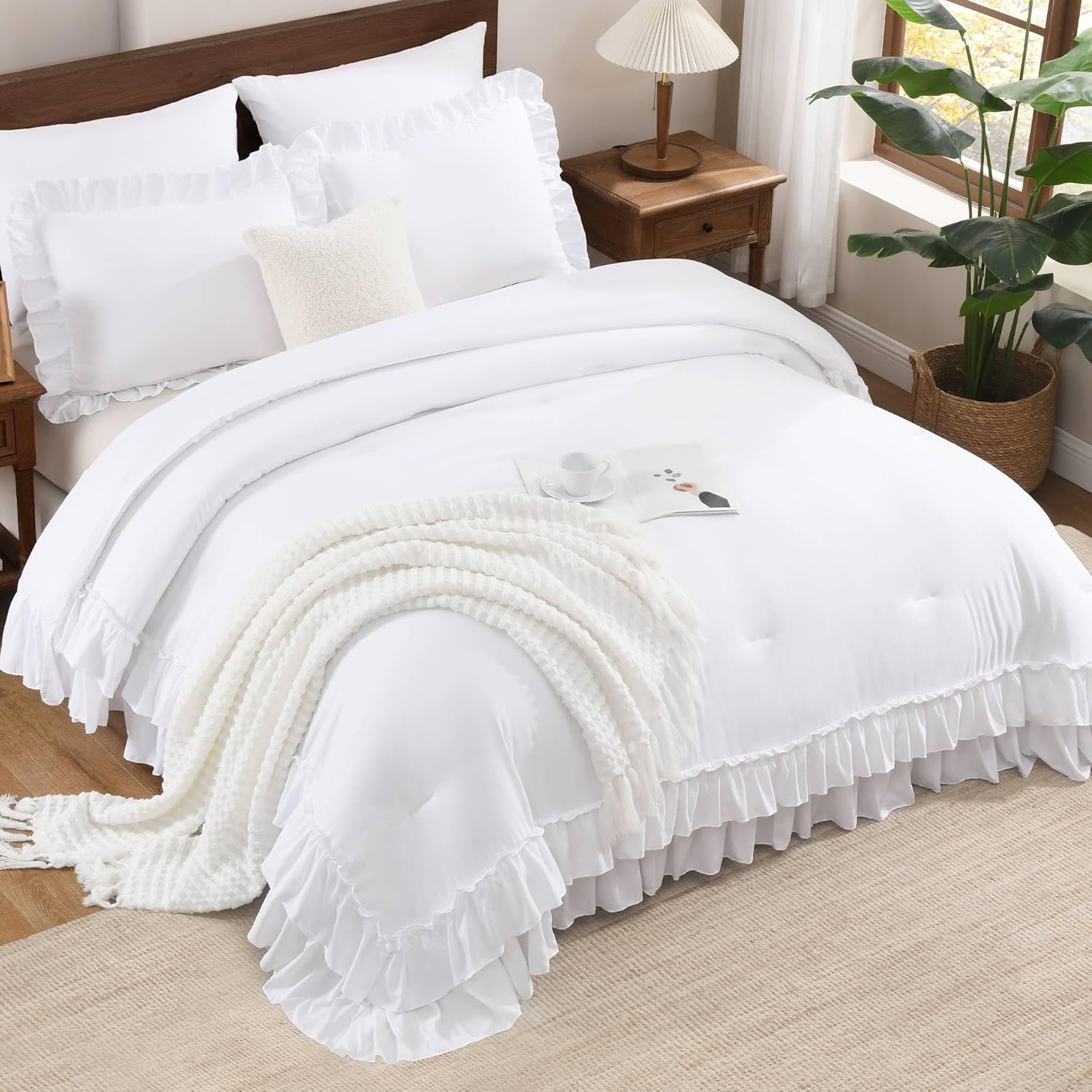 Andency White Ruffle Comforter Full Set, 3pcs Vintage Farmhouse Shabby Chic Bedding Comforter Set, Soft Lightweight Fluffy Bed Comforter Sets All Season Bedding Set - Image 2