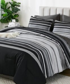 Dobuyly Black Comforters Queen Size Set 7 Pieces, Boho Striped Grey Bed in a Bag Queen Soft Microfiber Bedding Set with Comforter, Sheets, Pillowcases & Shams All Season