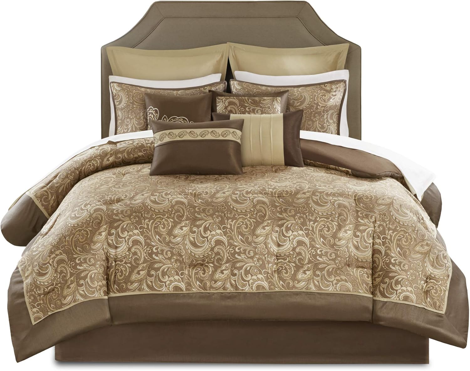 Madison Park Essentials Brystol 24 Piece Room in a Bag Faux Silk Comforter Jacquard Paisley Design Matching Curtains Down Alternative Hypoallergenic All Season Bedding-Set, King(104"x92"), Brown