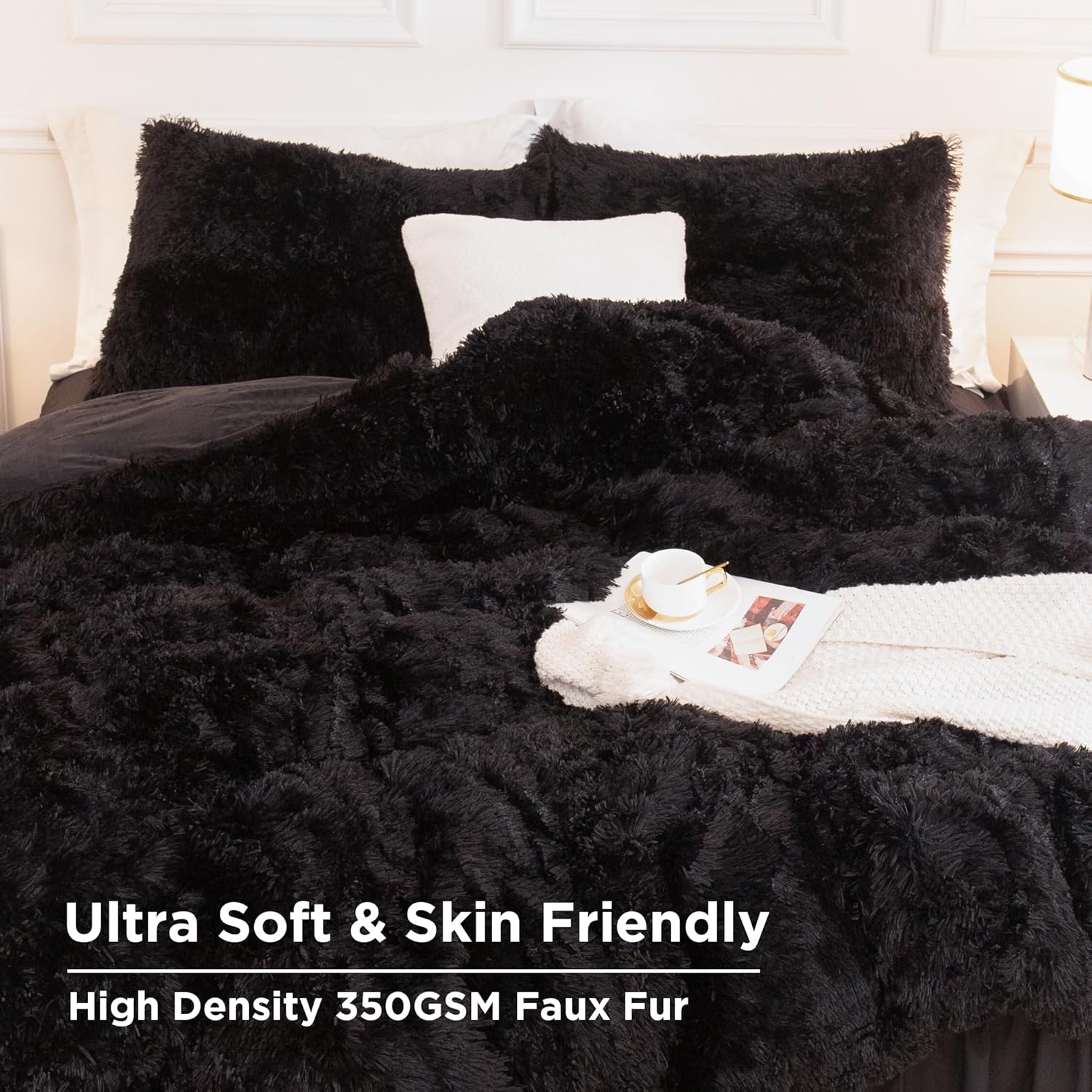 Andency Queen Comforter Set Black, Fluffy Winter Faux Fur Warm Soft Plush Bedding Comforter Set (1 Velvet Comforter & 2 Pillowcases), Fuzzy Thick Heavy Puffy Comforters Bed Set - Image 4