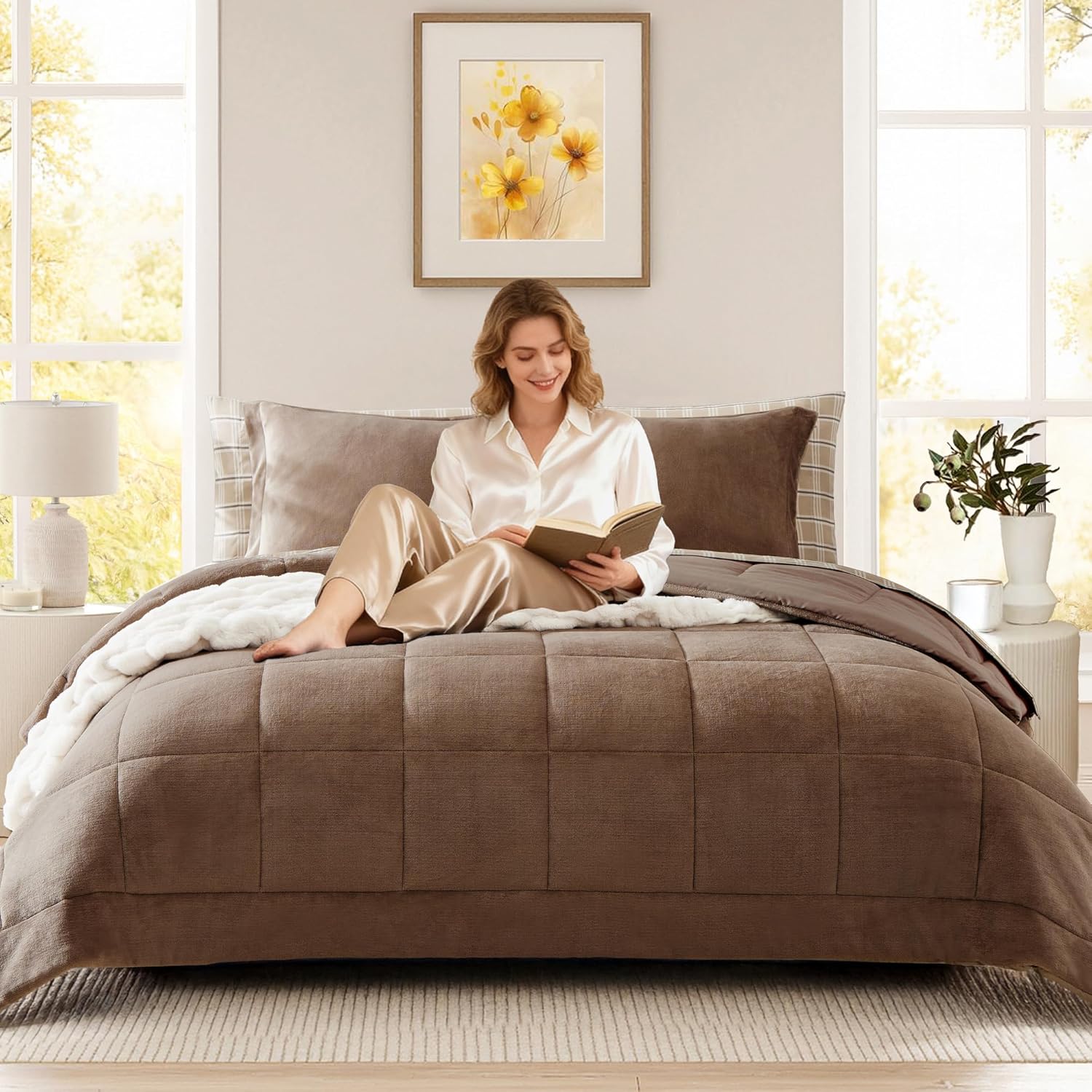 Plush Queen Comforter Set Brown, Flannel Velvet Comforter Sets 7 Pieces Bed in a Bag, Soft Warm Winter Bedding Set with Sheets, Pillowcases & Shams - Image 2