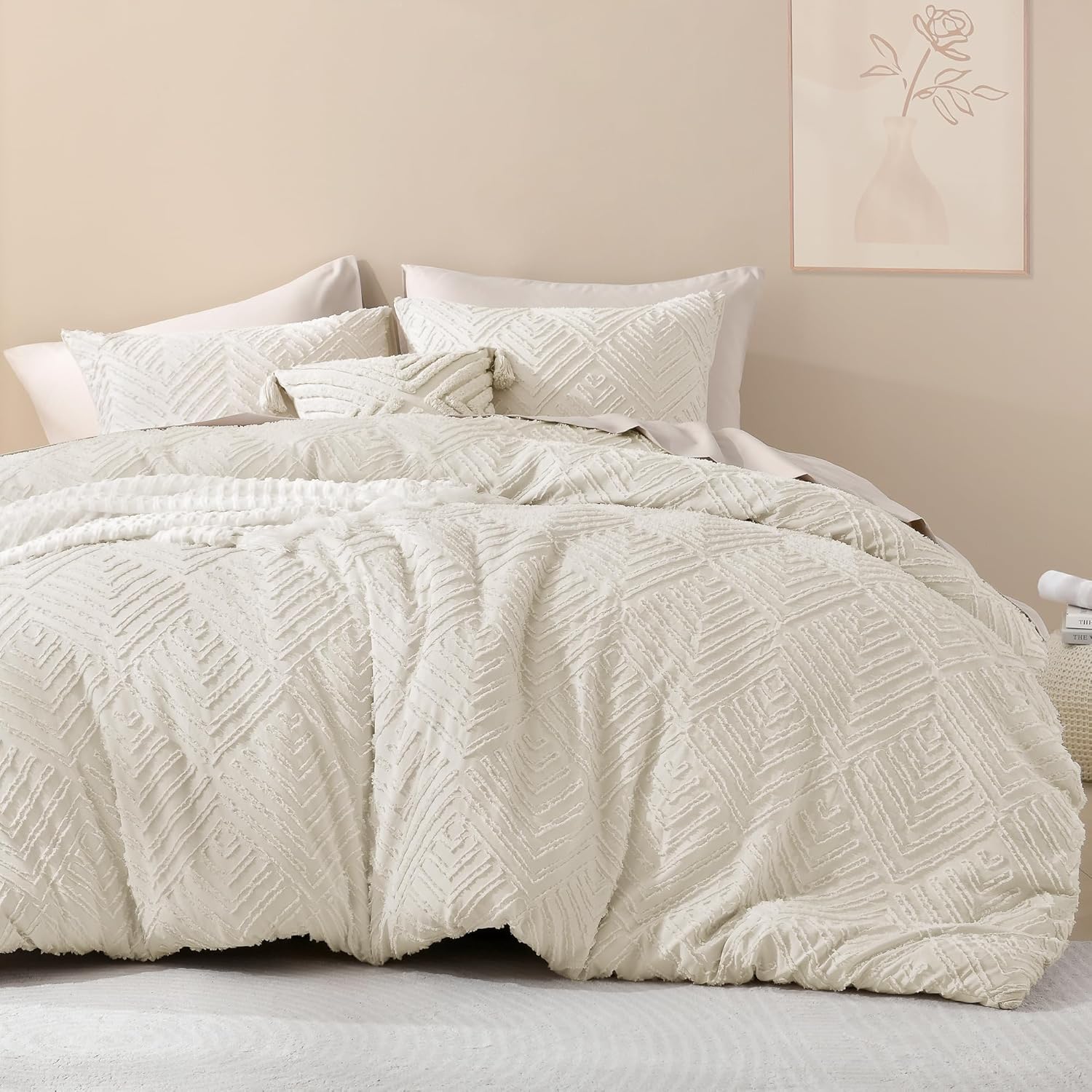 Litanika California King Comforter Set Beige, 3 Pieces Cream Tufted Boho Farmhouse Bedding Comforter Sets, Lightweight Fluffy Comforter Bed Set for All Season (104x96In Comforter and 2 Pillowcases) - Image 2
