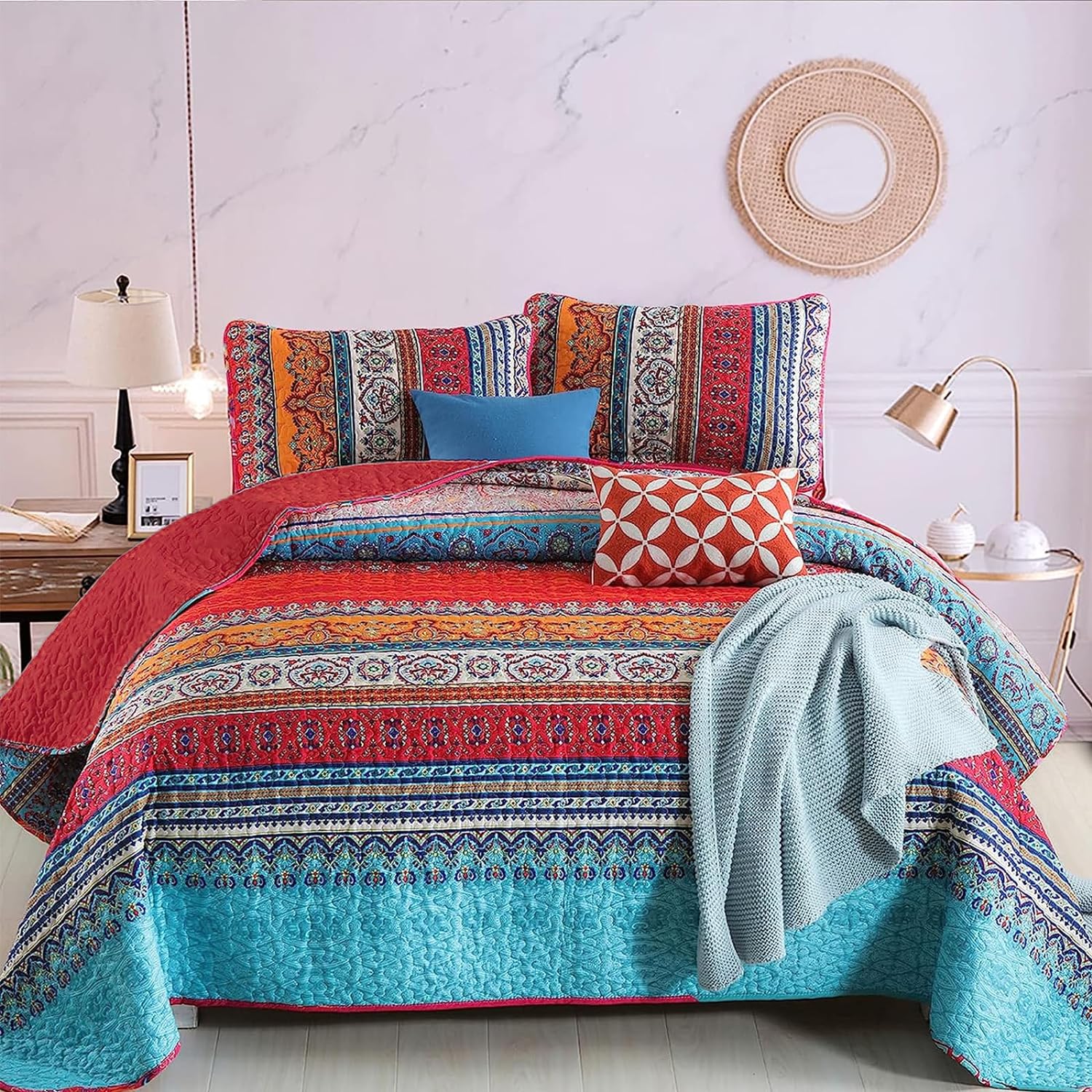 WONGS BEDDING Bohemian Quilt Set King Size, Boho Striped Printed Bedding Bedspread Coverlet Set for All Season, Lightweight Microfiber Quilts with 2 Pillowcases 104"x90" (3 Pieces, Colorful) - Image 32
