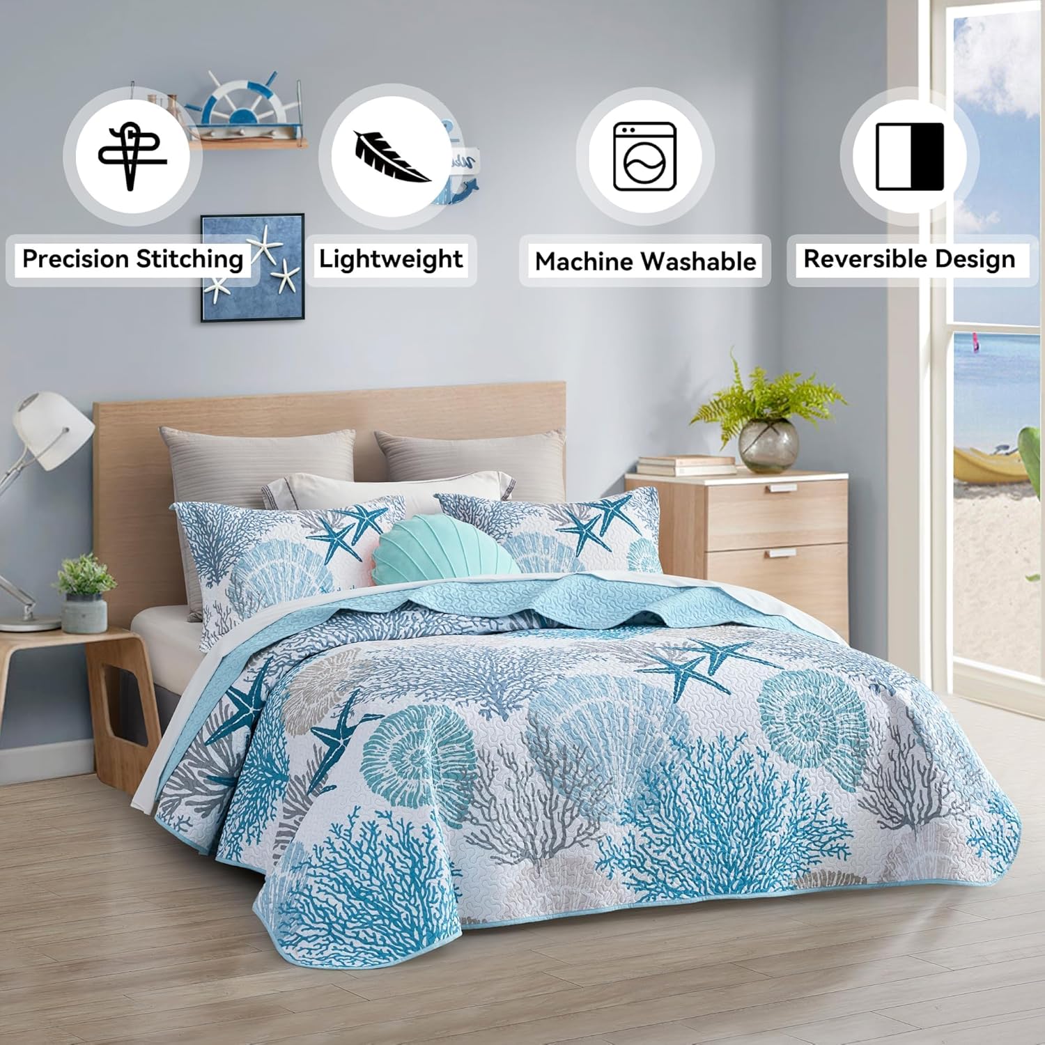 Tritard 3 Piece Coastal Quilt Sets Full/Queen Size - Reversible Microfiber Quilts with 2 Shams Soft Lightweight Beach Bedding Nautical Bedspread Coverlet Summer Comforter for All Season, 90''x96'', C1 - Image 2