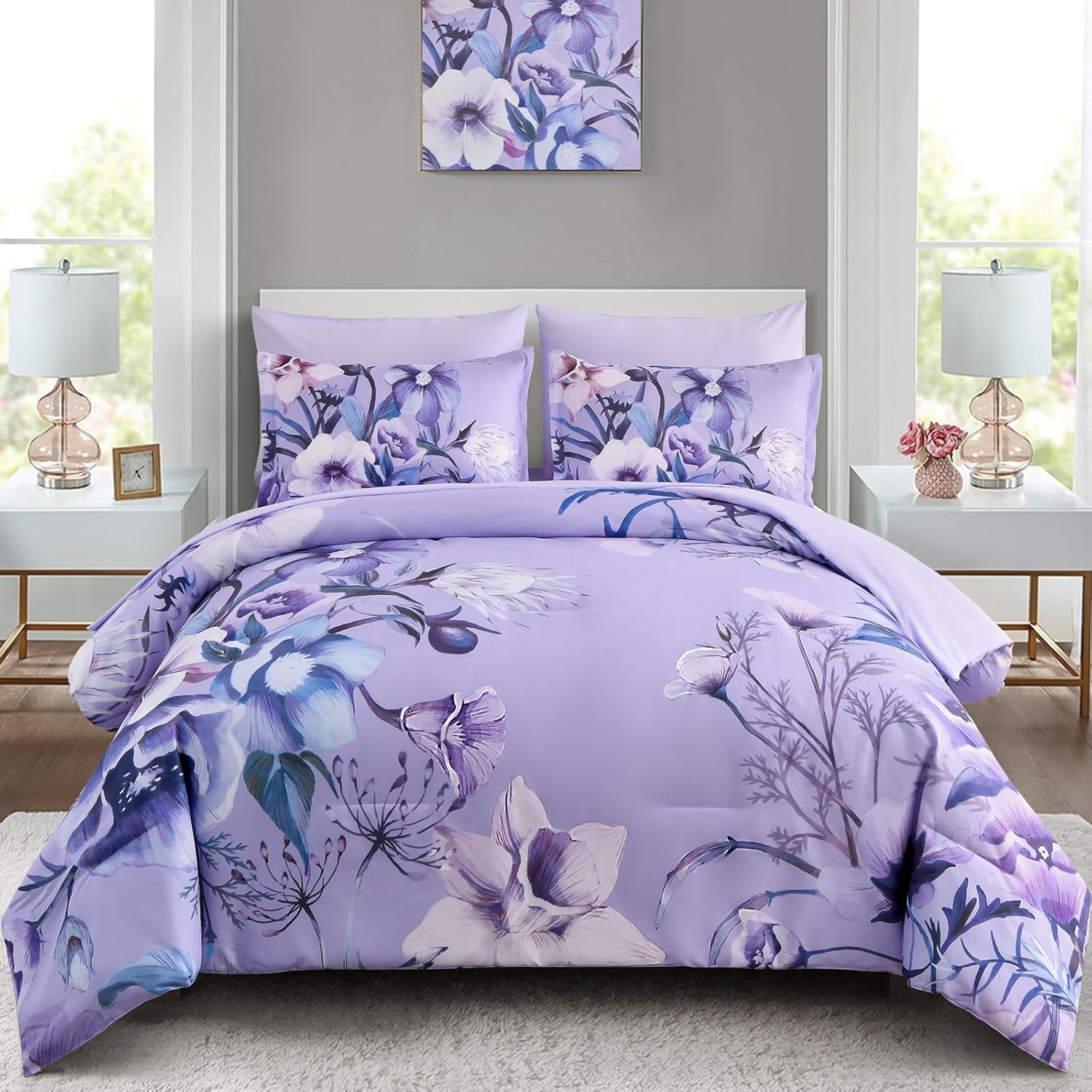 Luxudecor Floral Comforter Set Queen Size 7 Piece, Purple Flower Bed in a Bag, Elegant Floral Comforter with Sheet Set, Soft Microfiber Bedding Set for All Season (Purple, 90"x90") - Image 21