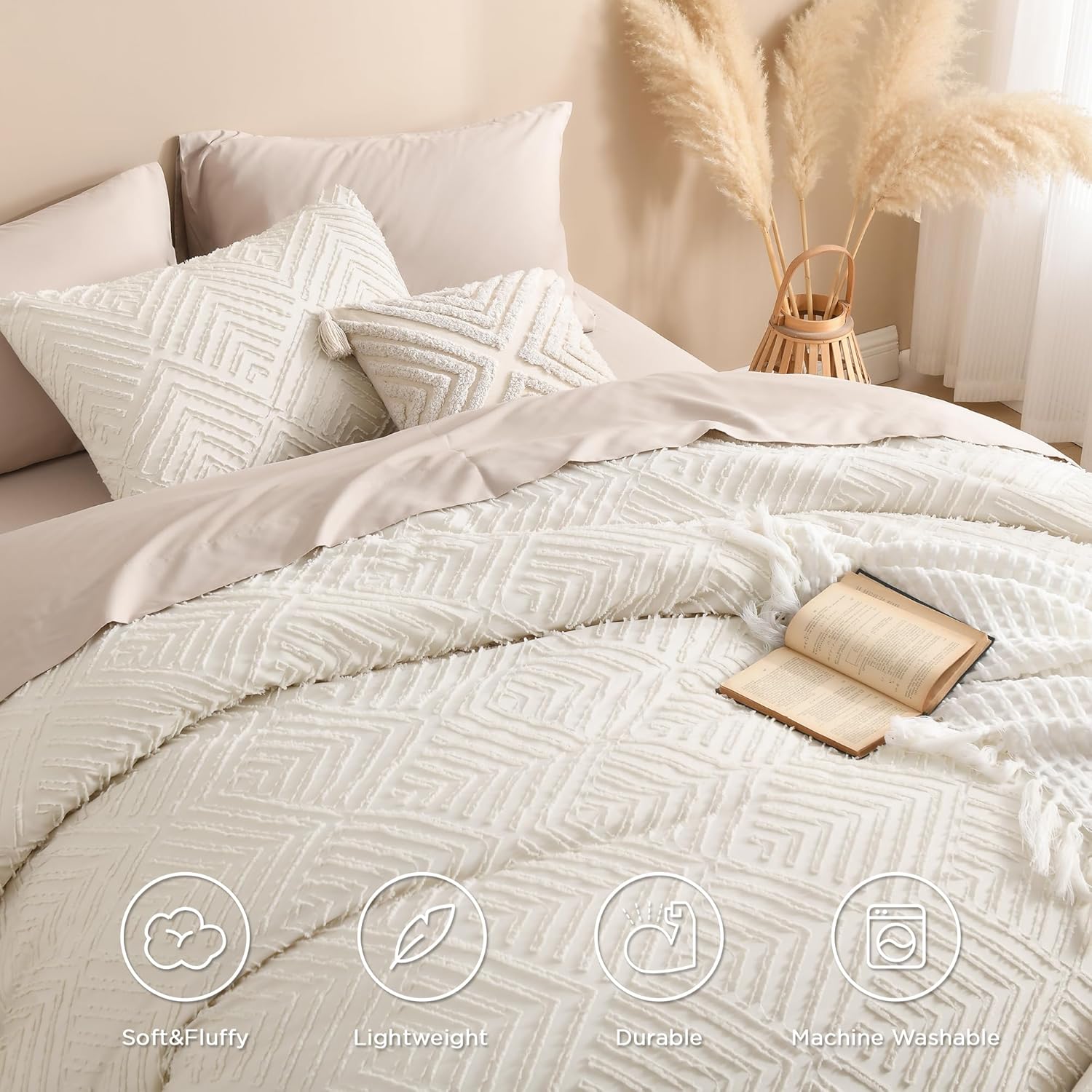 Andency King Size Comforter Set Beige, 3 Pieces Boho King Bedding Comforter Set Cream, All Season Soft Lightweight Tufted Textured Down Alternative Comforter Fluffy Bed Set - Image 4