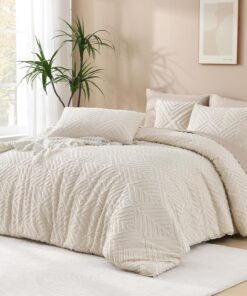 Andency King Size Comforter Set Beige, 3 Pieces Boho King Bedding Comforter Set Cream, All Season Soft Lightweight Tufted Textured Down Alternative Comforter Fluffy Bed Set