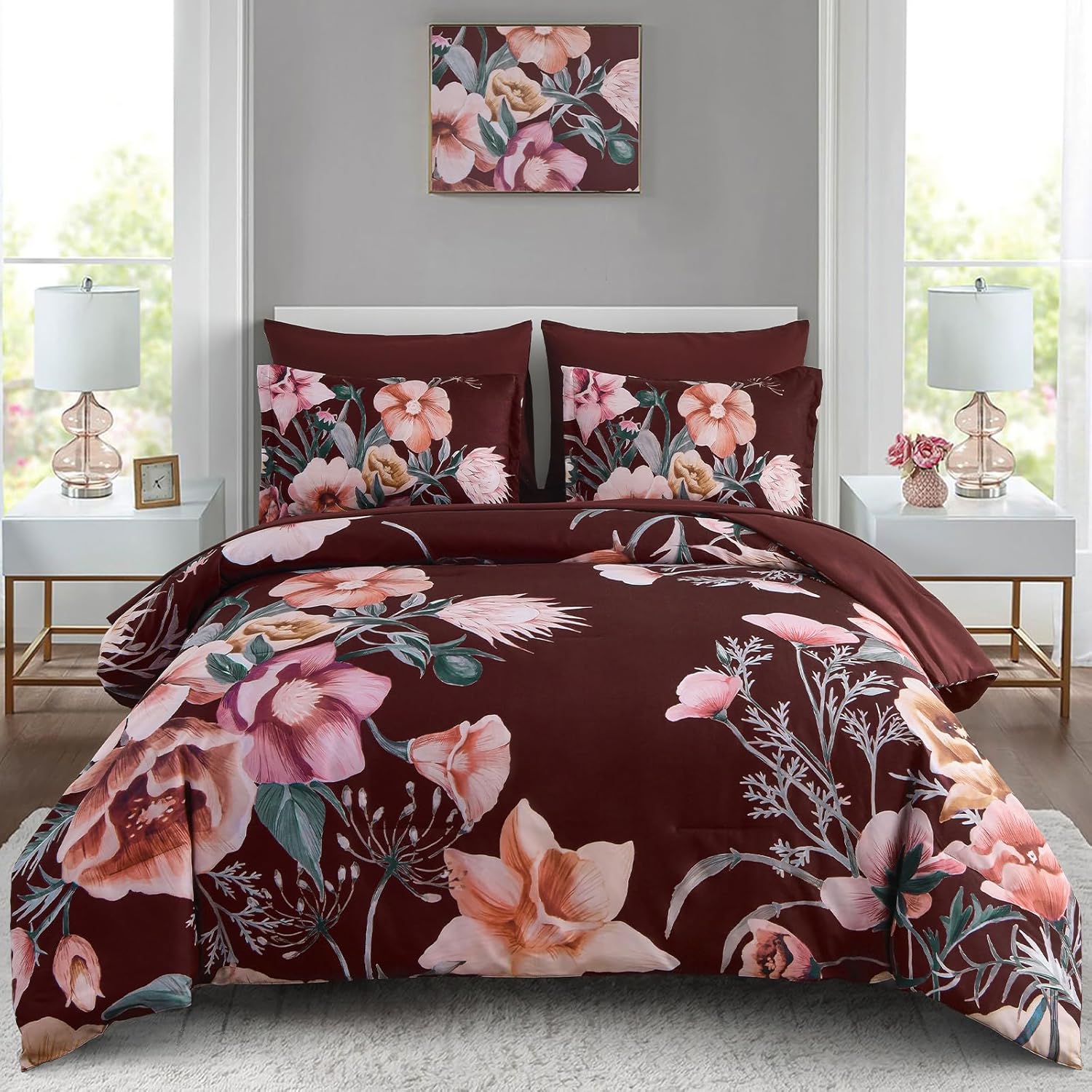 Luxudecor Floral Comforter Set Queen Size 7 Piece, Purple Flower Bed in a Bag, Elegant Floral Comforter with Sheet Set, Soft Microfiber Bedding Set for All Season (Purple, 90"x90") - Image 20