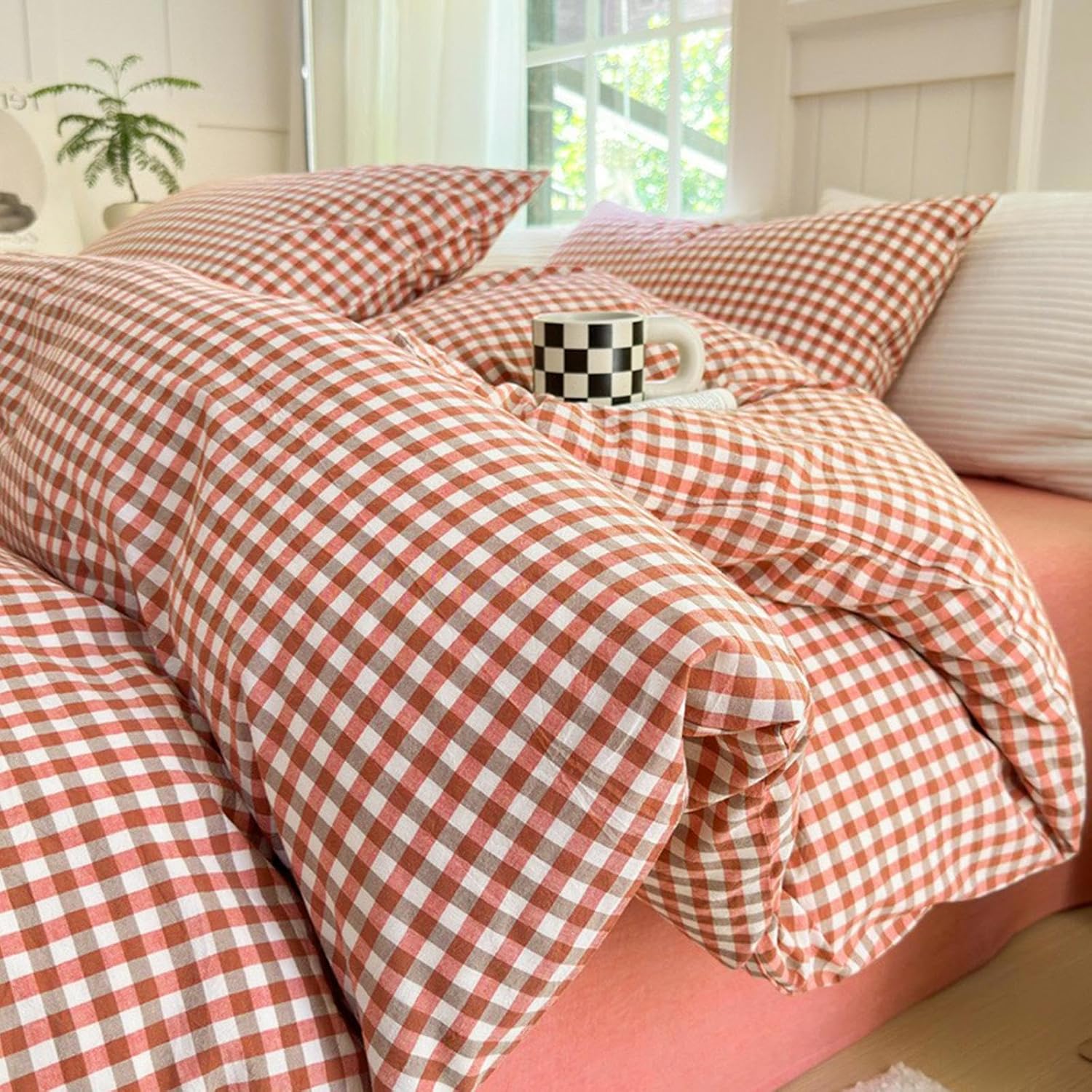 LifeTB Queen Comforter Set Tan Gingham Comforter Modern Style Beige Plaid Comforter Set 3 Pieces Fluffy Grid Checkered Comforter with 2 Pillowcases Boho Gingham Bedding Set Queen Size - Image 21