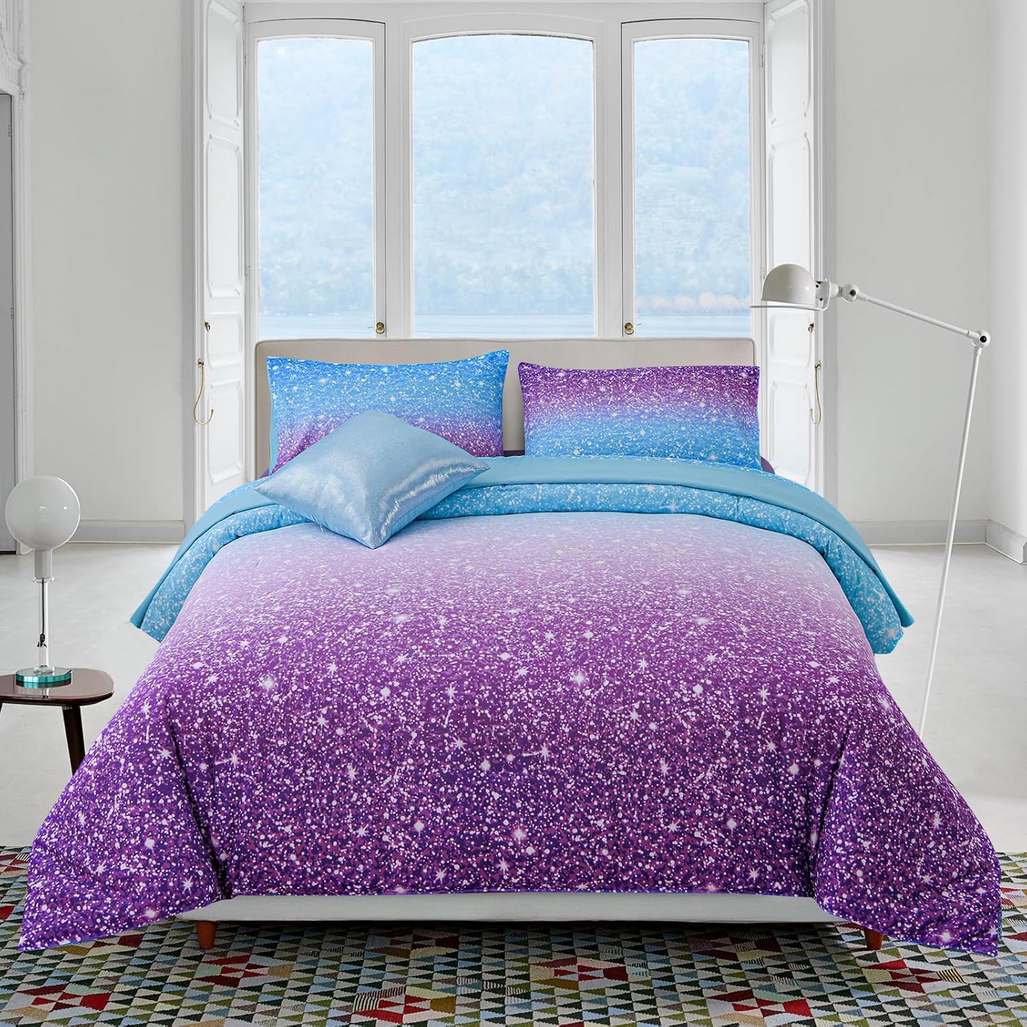 A Nice Night 6Pcs Gradient Glitter Bedding Set for Girls Full Size, Colorful Rainbow Galaxy Comforter Set, Ultra Soft Bedding Sets, Pink - Image 10
