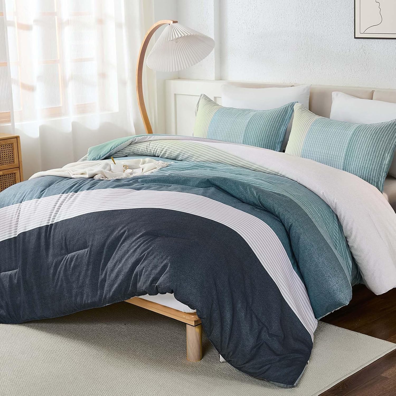 WONGS BEDDING Black Comforter Set Queen, Reversible Black Grey Stripe Down Alternative Comforter for All Season,3 Pieces(1 Patchwork Comforter+2 Pillowcases), Soft Microfiber Bedding Set 90"×90" - Image 13