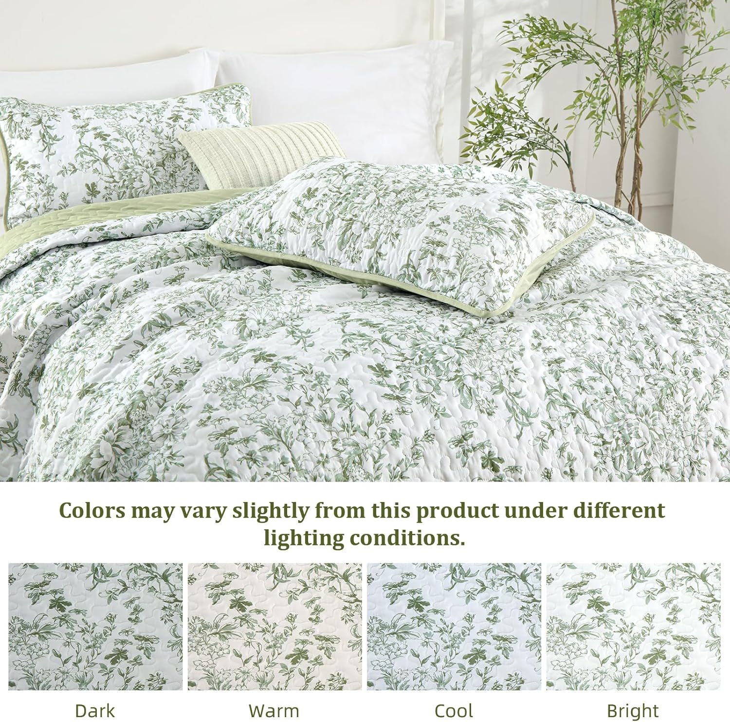 WONGS BDEEING Quilt Queen Size, Sage Green Quilt Bedding Set with 2 Pillowcases, Botanical Quilt for Queen Bed, Soft Microfiber Lightweight Coverlet Bedspread for All Season (96"×90", 3 Pieces) - Image 6