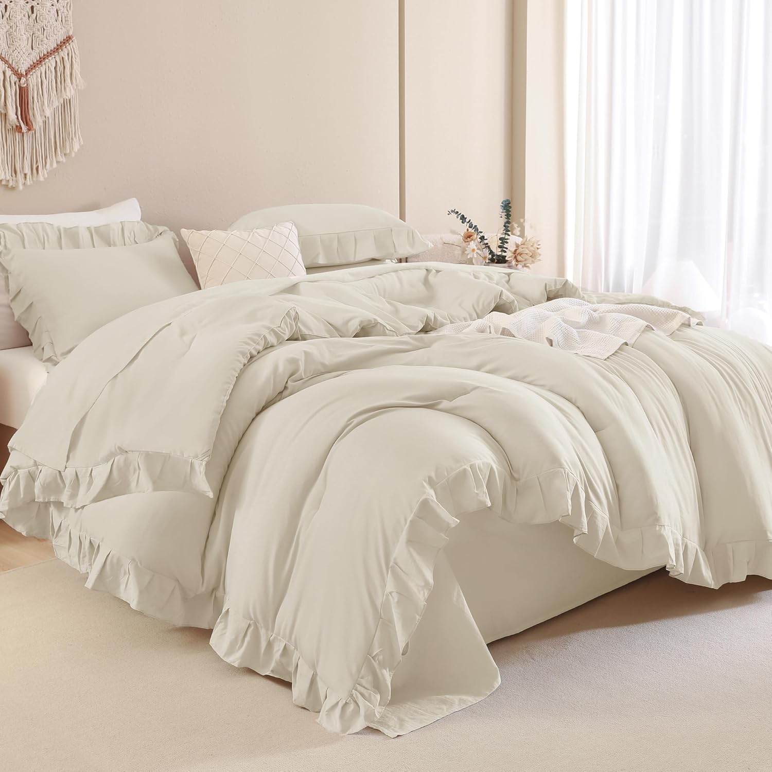 Andency Comforter Full Size Set White, 3 Pieces Ruffle Farmhouse Shabby Chic Gift Full Comforter Set, Soft Lightweight Fluffy All Season Room Decor Bed Set for Girls Women Teens Daughter - Image 7