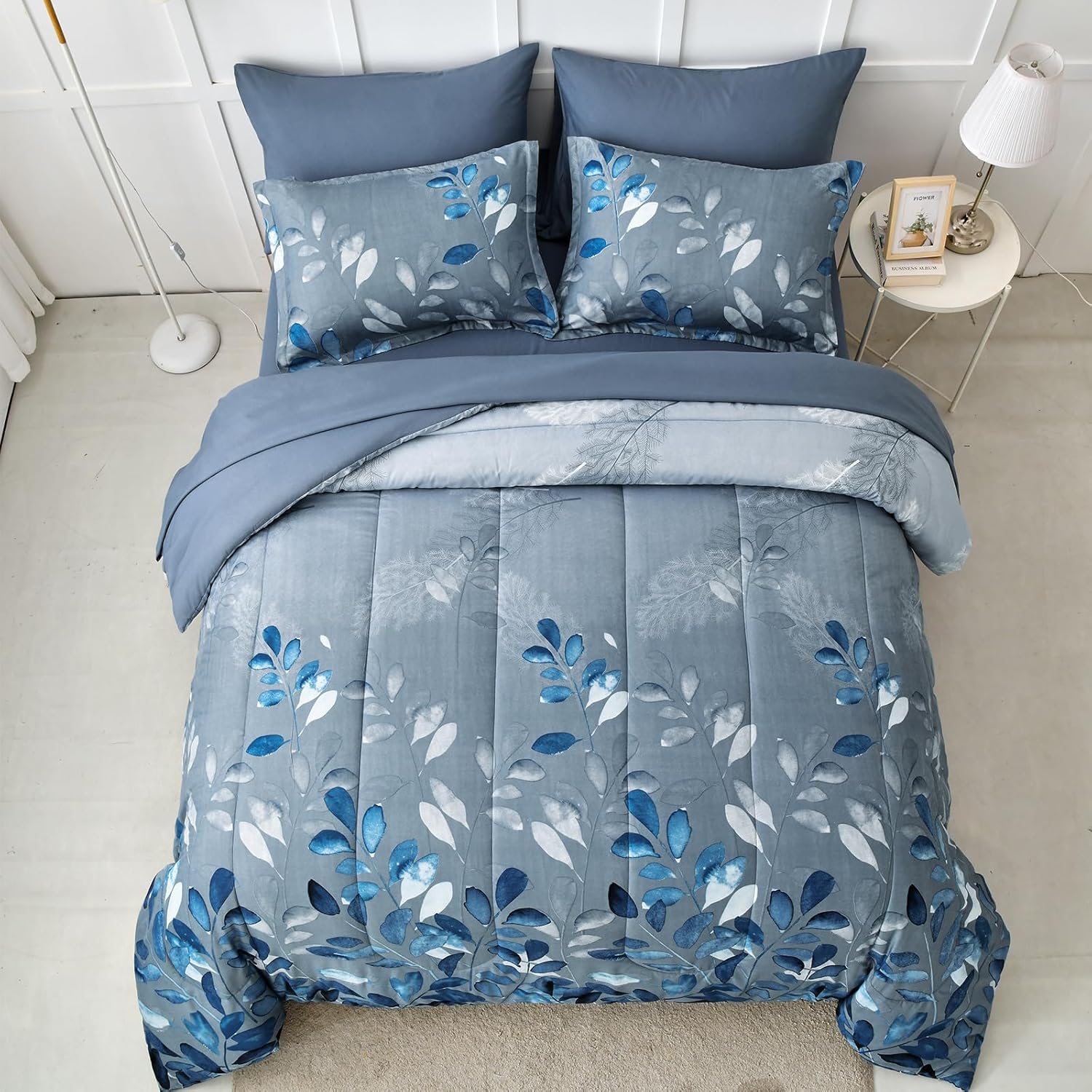Blue Floral Comforter Set Queen Size 7 Piece Navy Botanical Gradient Leaves Ultra Soft Microfiber Down Alternative Bedding Set Lightweight Reversible Boho Bed Comforter Set for All Season 90" x 90" - Image 3