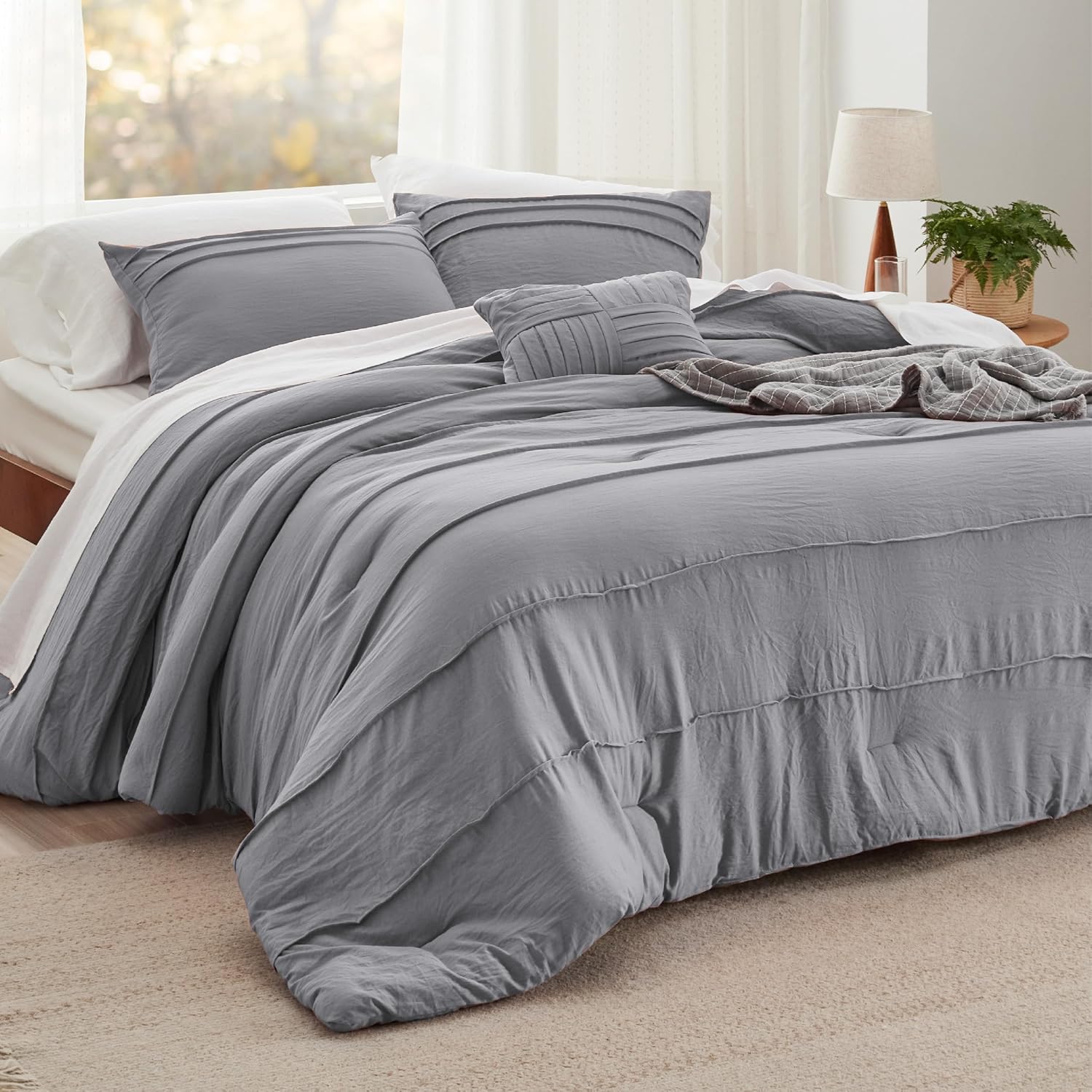 Bedsure Queen Comforter Set - 4 Pieces Pinch Pleat Bed Set, Beige Boho Bedding for All Season, 1 Soft Comforter, 2 Pillowcases, 1 Decorative Pillow - Image 20