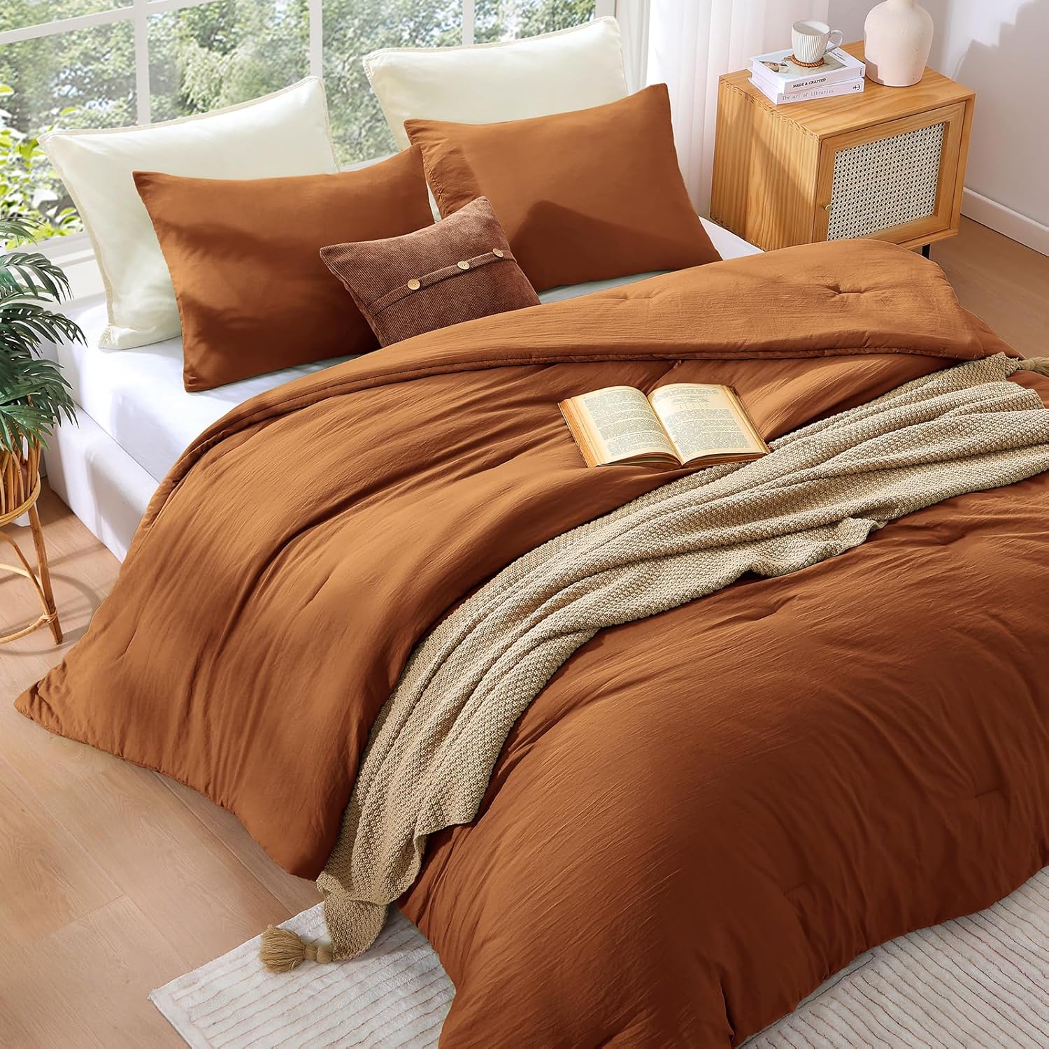 WRENSONGE King Size Comforter Set - 3 Pieces Prewashed Burnt Orange Soft Lightweight Bedding for All Seasons,Fluffy Down Alternative Comforter King Size with 2 Pillow Shams - Image 2