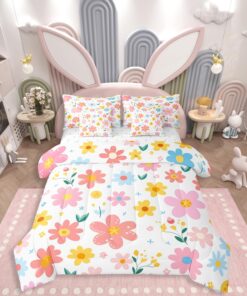 Feelyou Cute Flower 7 Piece Bedding Set Twin Size Kids Cartoon Cute Floral Bed in a Bag for Kids Girls Teens Toddler Yellow Pink Comforter Set with Sheets Kawaii Bed Set
