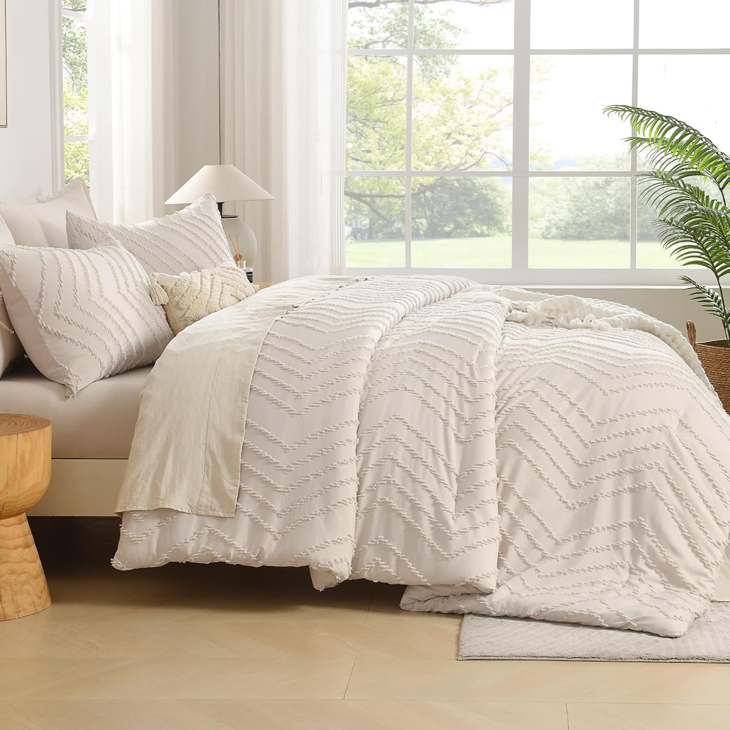 Andency Comforter Full Size Set, Beige Boho Cream Soft Warm Tufted Neutral Bedding Comforter Sets for Full Size Bed, 3 Pieces Aesthetic Chevron Farmhouse Cute Bohemian Textured Bedding Set - Image 6