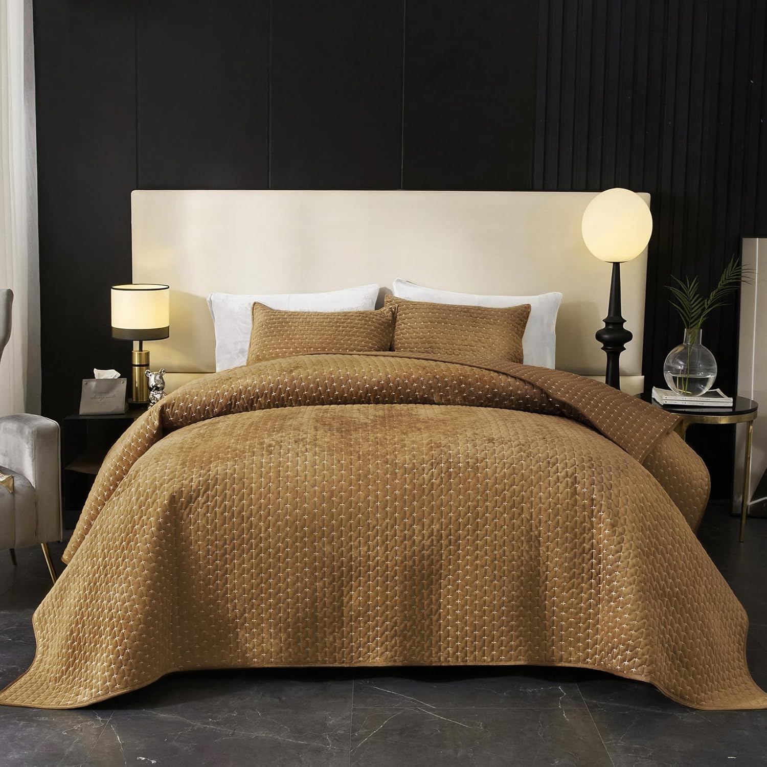 Powdion Velvet Quilt King Size,Bedspread Quilted Bedding Set,Luxurious Soft Coverlet Set Lightweight Velvet Comforter with Pillow Shams, Gold Caramel,96x106 Cross Stitch Striped Quilt Set - Image 6
