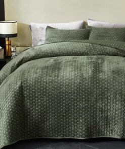 Powdion Velvet Quilt Queen Size, Oversized Bedspread Quilted Bedding Set, Luxurious Soft Coverlet Set Lightweight Velvet Comforter for All Season with Pillow Shams 90x96 Army Green Striped Queen