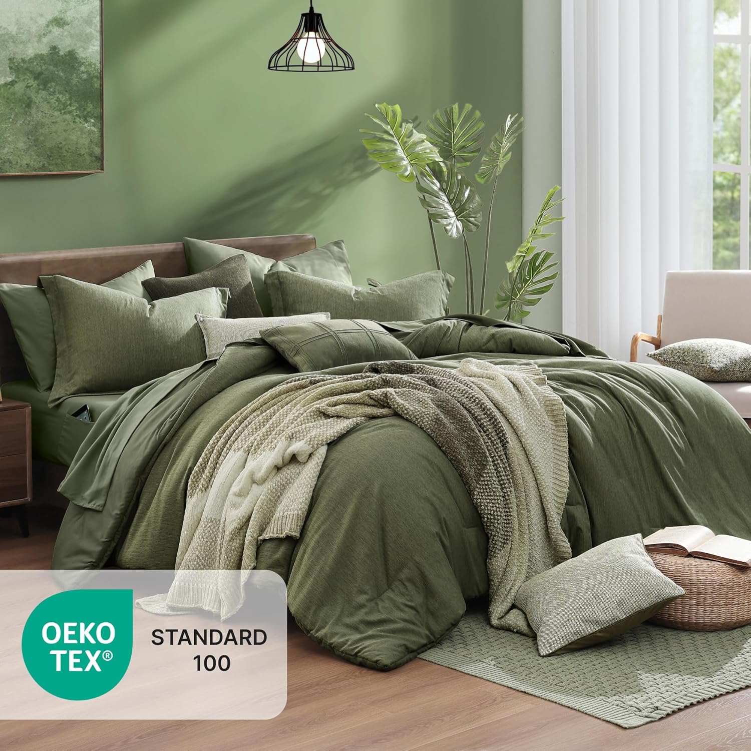 Monbix Queen Comforter Set - 7 Pieces Cationic Dyeing Olive Green Bed in a Bag Queen Bedding Sets with Comforter, Sheets, Pillowcases & Shams, Reversible Bedding Comforters Sets - Image 5
