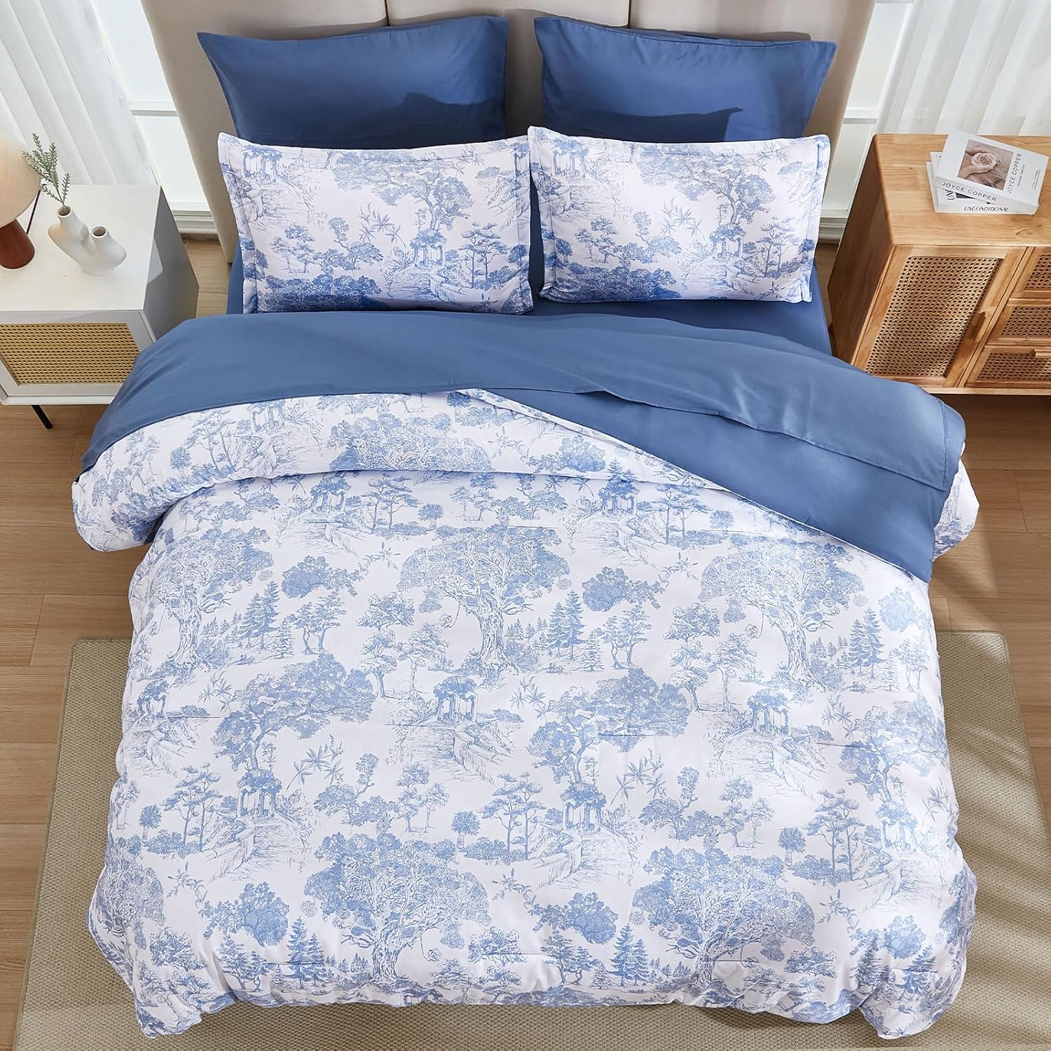 DJY Blue Comforter Set Queen, 7 Pieces Bed in a Bag Queen Size Botanical Comforters with Sheets Elegant Plants Print Soft Microfiber Reversible Complete Bedding Sets for All Season - Image 3
