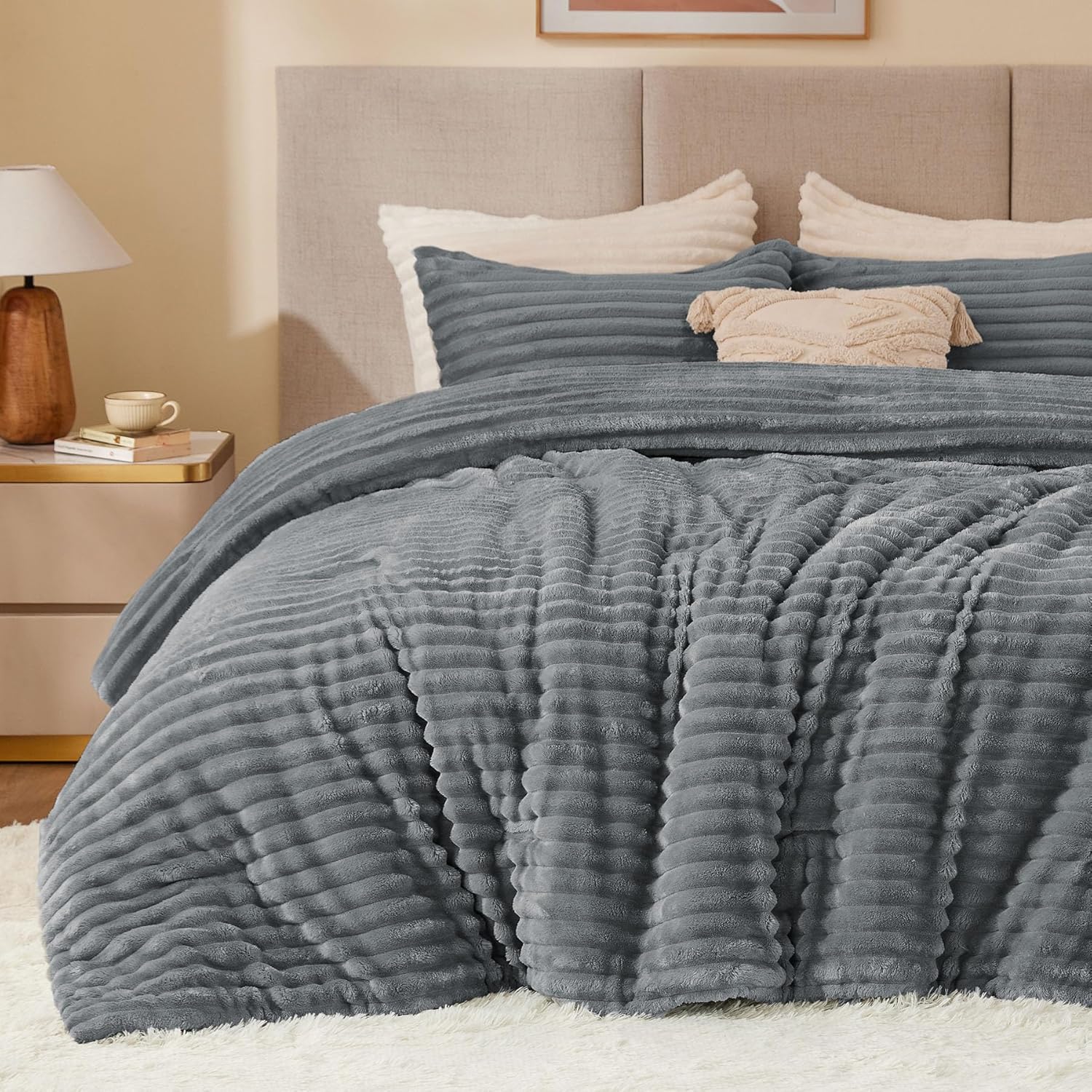 BEDELITE Fleece Queen Comforter Set -Super Soft & Warm Fluffy Cream White Bedding, Luxury Fuzzy Heavy Bed Set for Winter with 2 Pillow Cases - Image 31