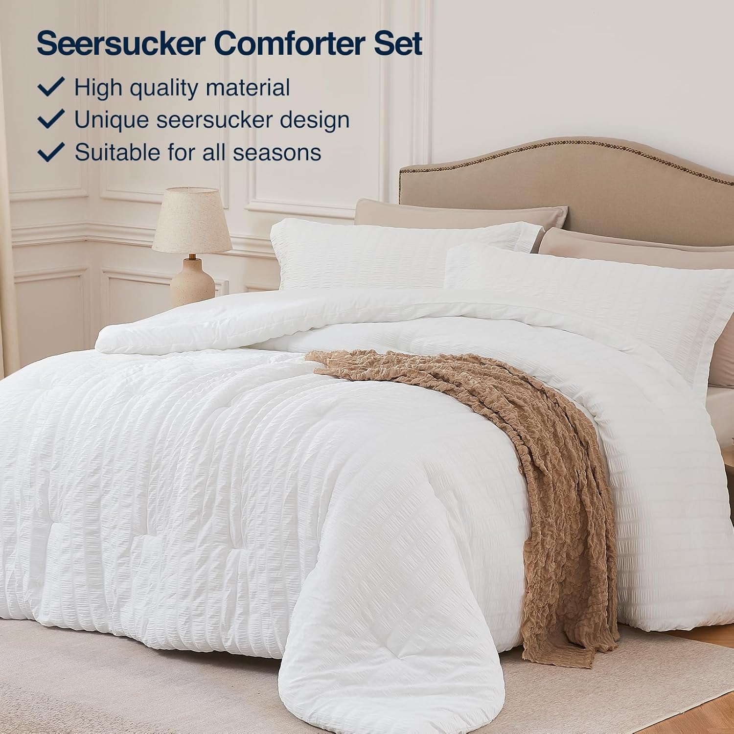White Queen Comforter Set - 3 Pieces Seersucker Lightweight Bedding Comforter Sets (1 Soft Fluffy Comforter & 2 Pillowcases) - All Seasons Cozy Modern Bed Sets - Image 2