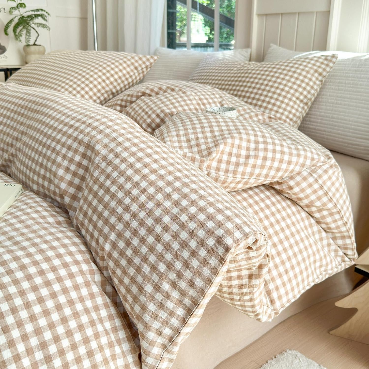 LifeTB Queen Comforter Set Tan Gingham Comforter Modern Style Beige Plaid Comforter Set 3 Pieces Fluffy Grid Checkered Comforter with 2 Pillowcases Boho Gingham Bedding Set Queen Size - Image 58