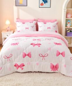 Wajade 7 Piece Pink Bow Bedding Set for Girls Kids Full Size Comforter Set with Sheet and 2 Pillowcases 2 Pillow Shams Cute Girls Bed in a Bag as Birthday Choice