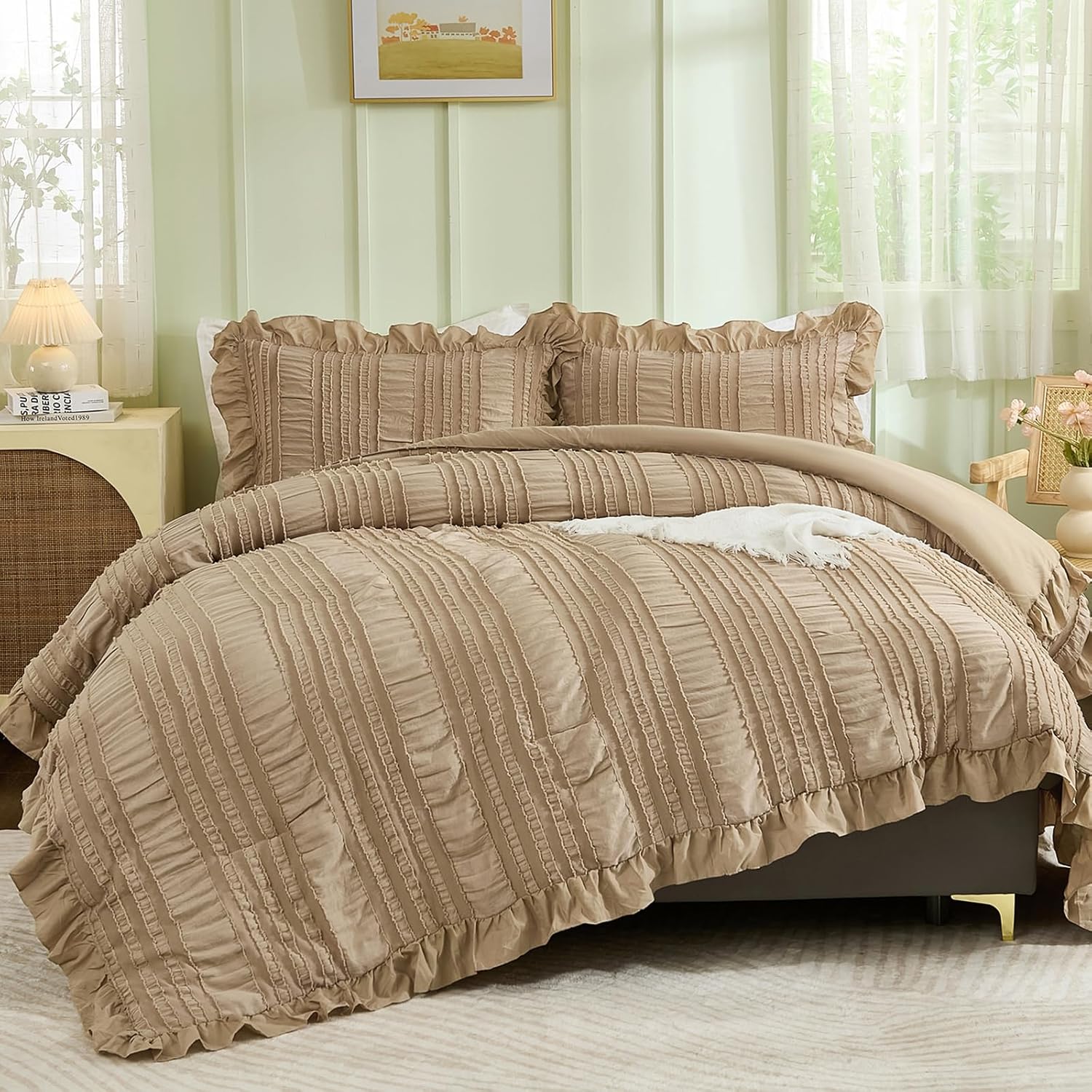 WONGS BEDDING Beige Ruffle Queen Comforter,Boho Shabby Chic Bedding for Queen Bed,Soft Seersucker Farmhouse Bedding Set with 1 Ruffled Comforter,2 Tufted Pillowcases 90"×90" - Image 16