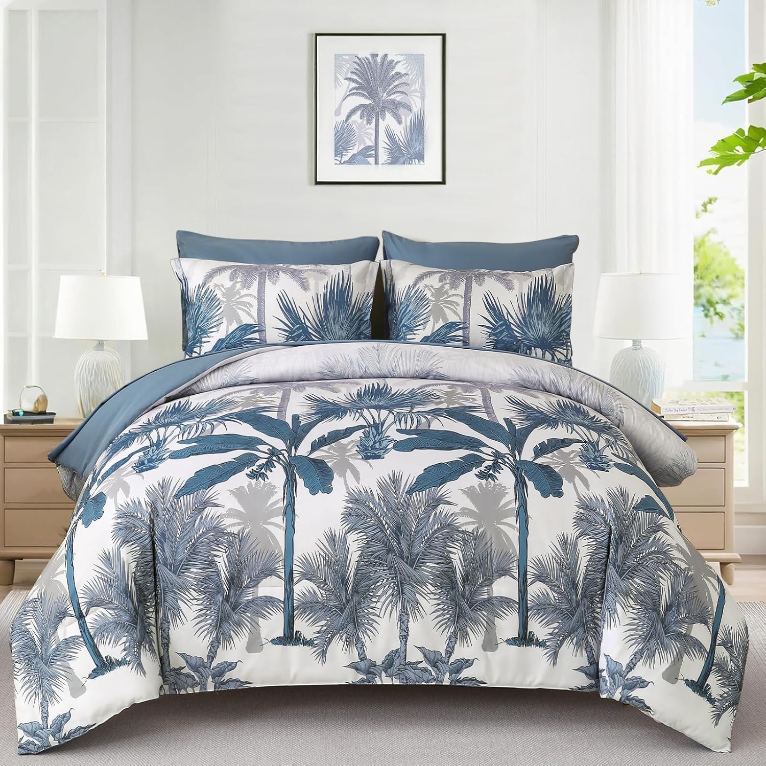 WONGS BEDDING Botanical Comforter Set Queen, 7 Pieces Blue Palm Tree Bed in a Bag, Reversiable Soft Microfiber Coastal Beach Bedding with Comforter, Flat Sheet, Fitted Sheet, Pillow Shams Pillowcases - Image 8