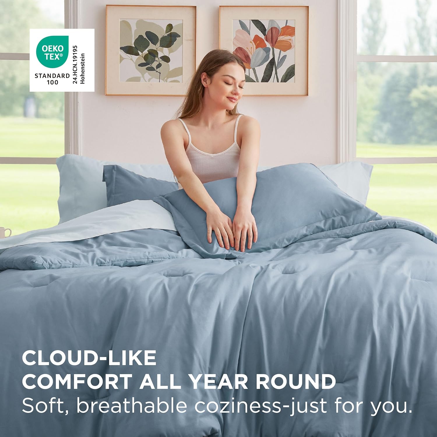 Bedsure Queen Comforter Set - 7 Pieces Grayish Blue Queen Bedding Set for All Seasons, Boho Contrasting Design Bed in a Bag with Comforter, Sheets, Pillowcases & Shams - Image 3