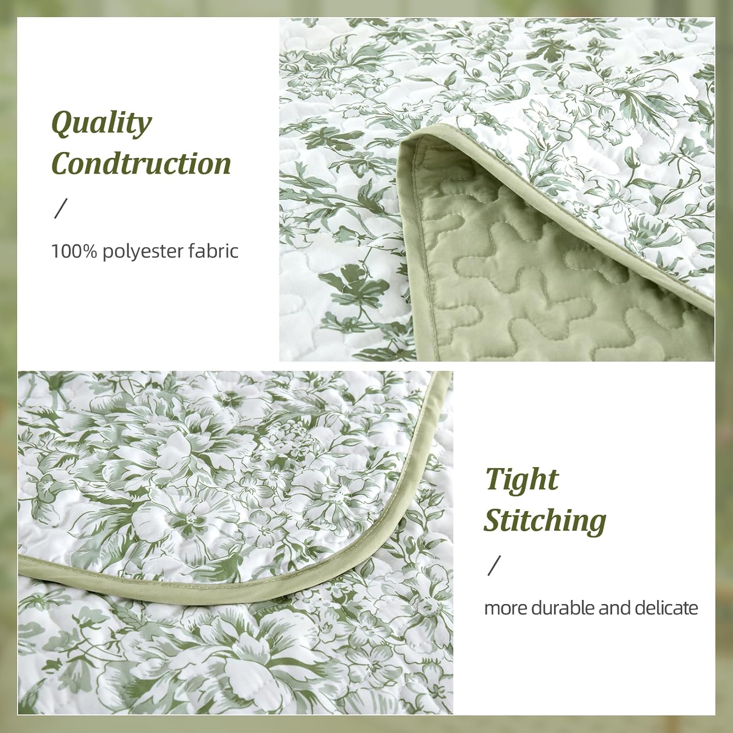 WONGS BDEEING Quilt Queen Size, Sage Green Quilt Bedding Set with 2 Pillowcases, Botanical Quilt for Queen Bed, Soft Microfiber Lightweight Coverlet Bedspread for All Season (96"×90", 3 Pieces) - Image 4