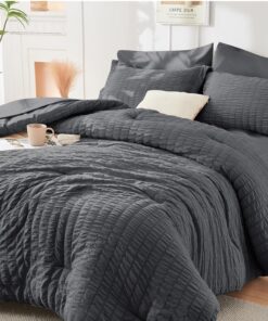 HYMOKEGE Queen Comforter Set Seersucker 7 Pieces, All Season Luxury Bed in a Bag for Bedroom, Bedding Set with Comforters, Sheets, Pillowcases & Shams, Dark Grey