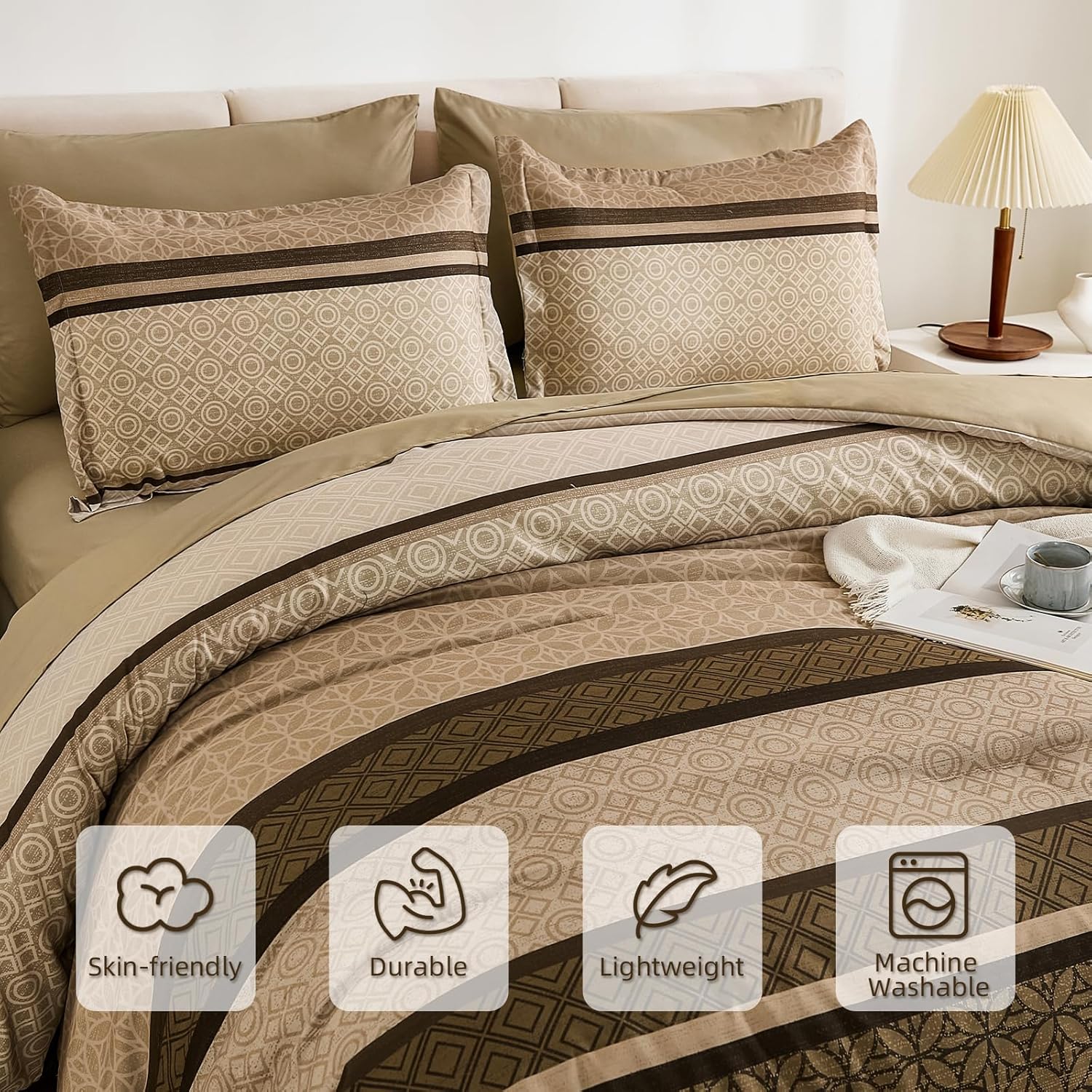 WONGS BEDDING 7 Pieces Comforter Set King Size, Brown Striped Bed in a Bag Comforter and Sheet Set, Bohemian Soft Lightweight Micorfiber Bedding Set for All Season (90"×104") - Image 5