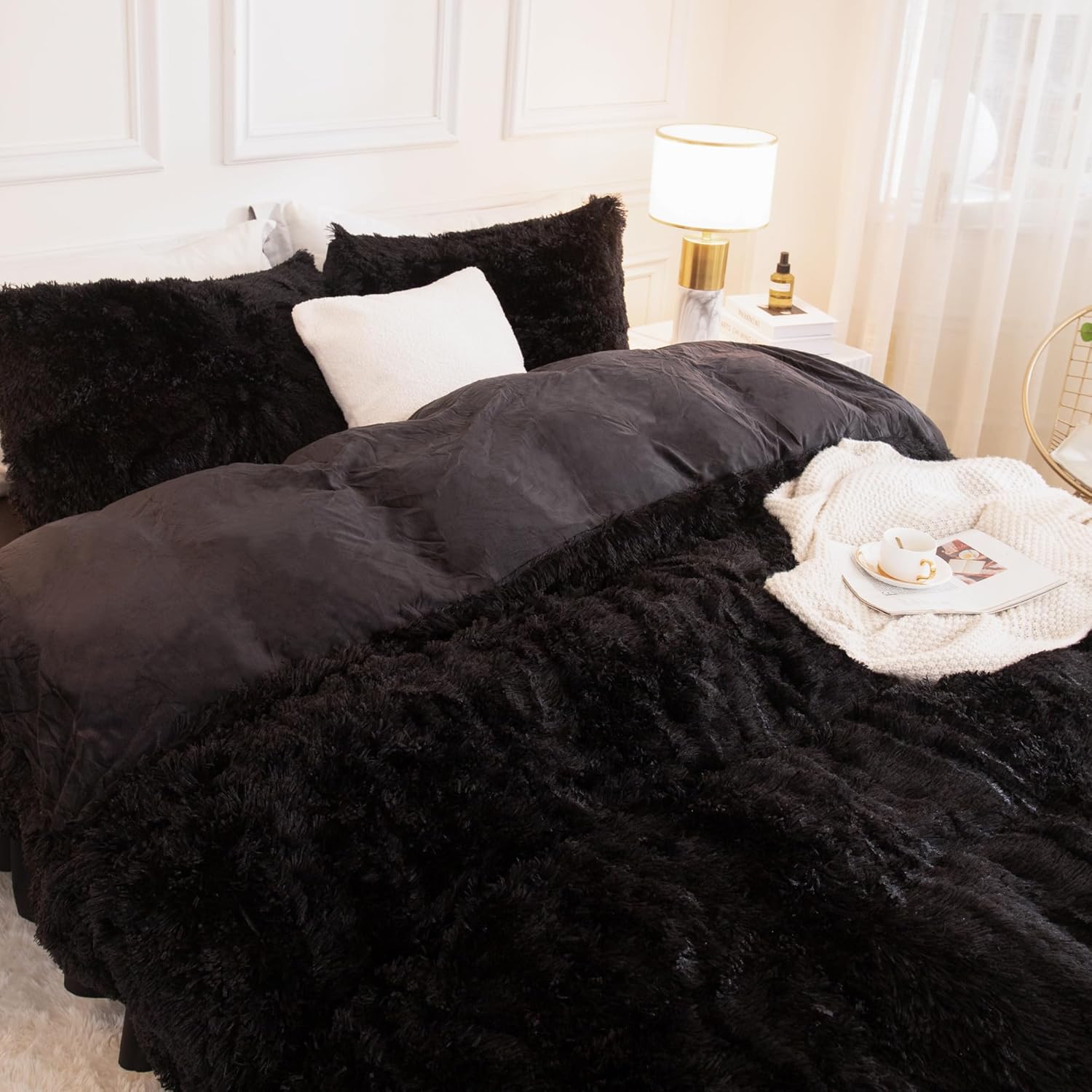 Andency Queen Comforter Set Black, Fluffy Winter Faux Fur Warm Soft Plush Bedding Comforter Set (1 Velvet Comforter & 2 Pillowcases), Fuzzy Thick Heavy Puffy Comforters Bed Set - Image 3