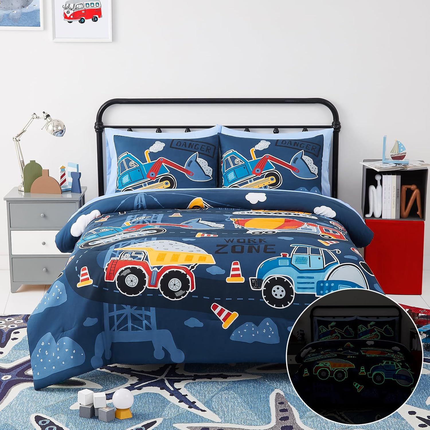 Full Kids Comforter Set - 7 Pieces Full Bedding Sets for Boys Teen, Glow in The Dark Truck Tractor Excavator Bed in A Bag with Sheets - Image 2