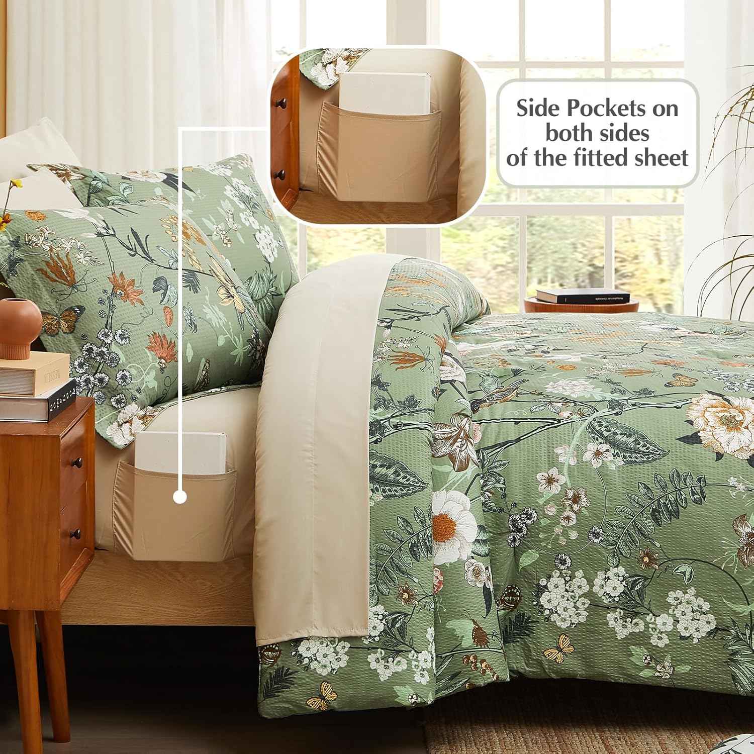 CASAAGUSTO Queen Comforter Set, 7 PCS Green Butterfly Floral Comforter Set with Flowers Leaves Pattern, Soft Seersucker Design All Season Queen Size Bedding Set(90"X90") - Image 3