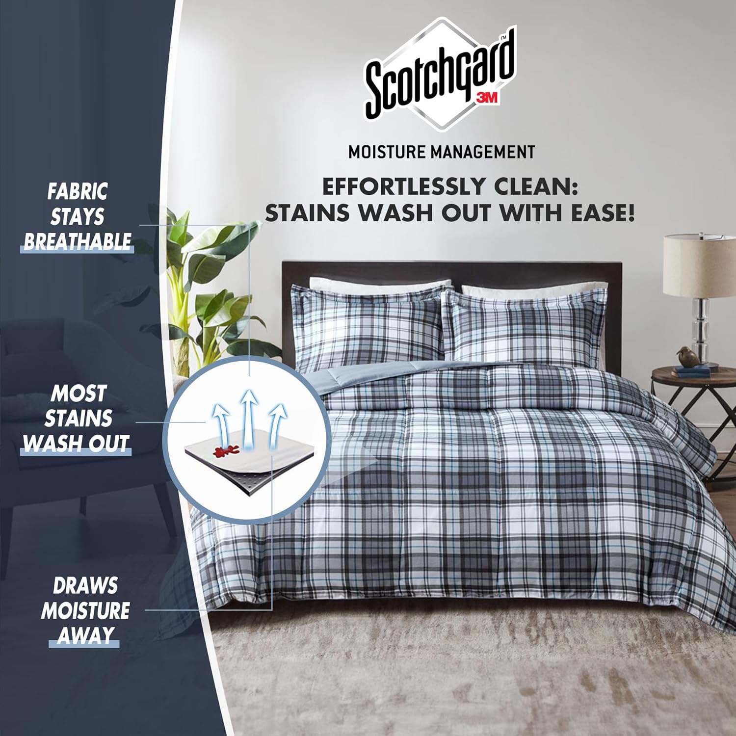 Madison Park Essentials Parkston Plaid Comforter, Matching Sham, 3M Scotchguard Stain Release Cover, Hypoallergenic All Season Bedding-Set, Full/Queen, Grey, 3 Piece - Image 5