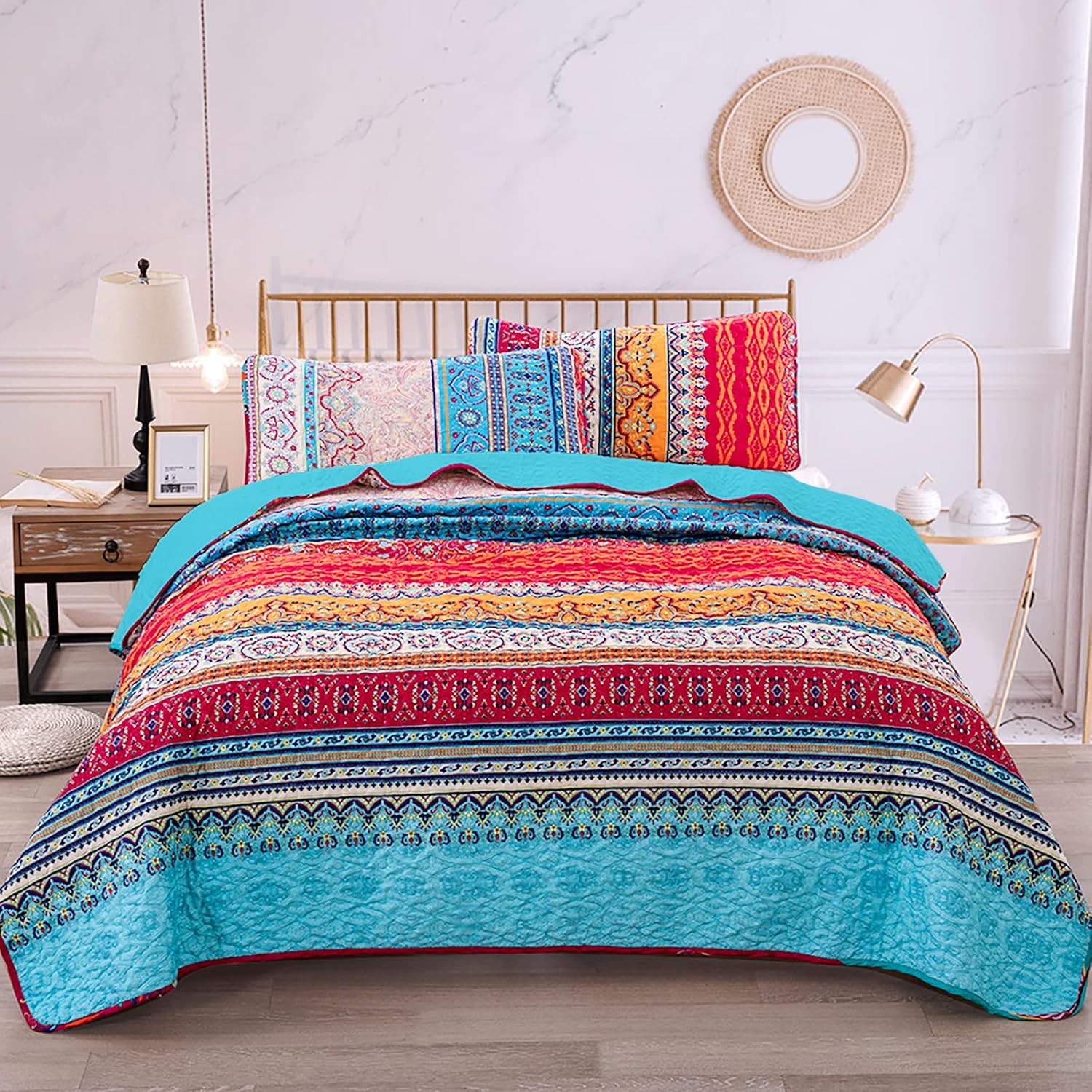 WONGS BEDDING Bohemian Quilt Set King Size, Boho Striped Printed Bedding Bedspread Coverlet Set for All Season, Lightweight Microfiber Quilts with 2 Pillowcases 104"x90" (3 Pieces, Colorful) - Image 18