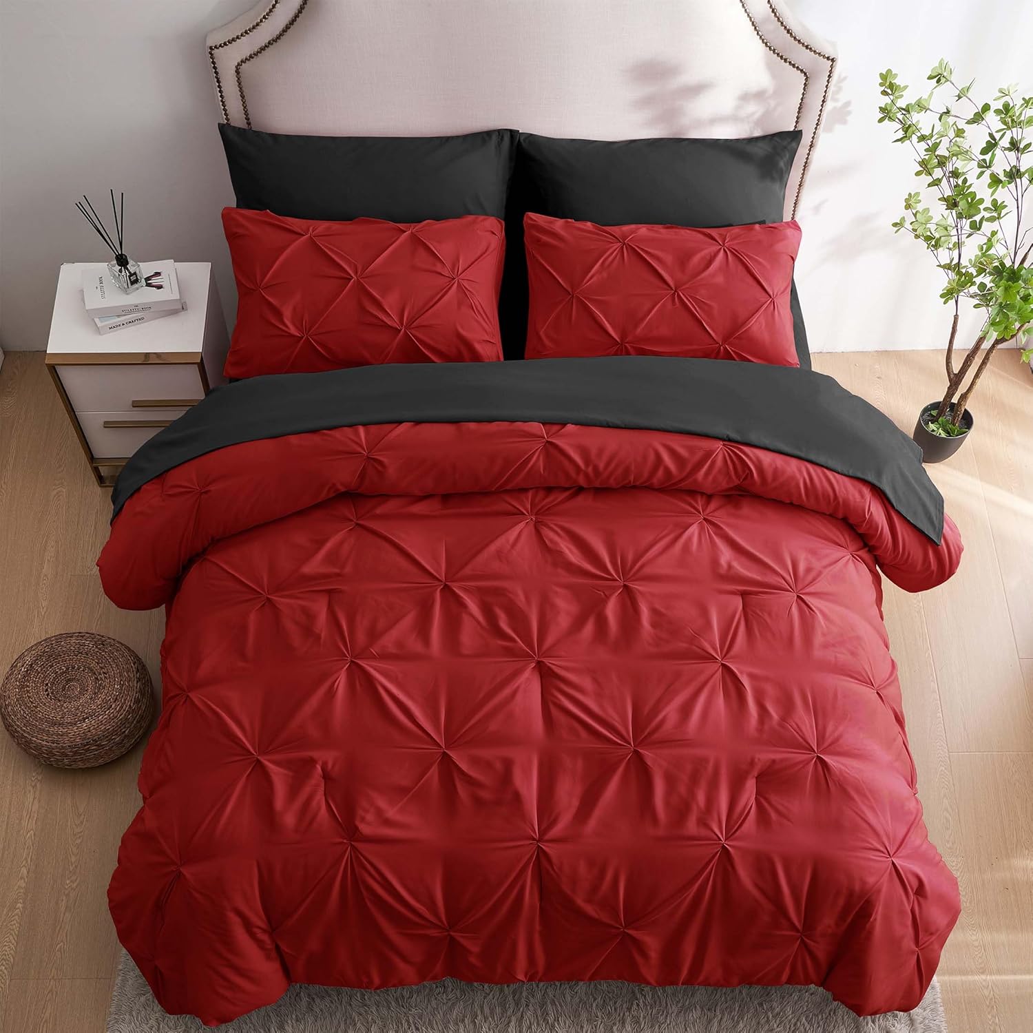 Ubauba 7pc Queen Size Comforter Set with Sheets, Pintuck 7 Piece Bedding Comforters Bed in a Bag for All Season, Pinched Pleat Bed Set with Comforter (Red and Black,Queen) - Image 4