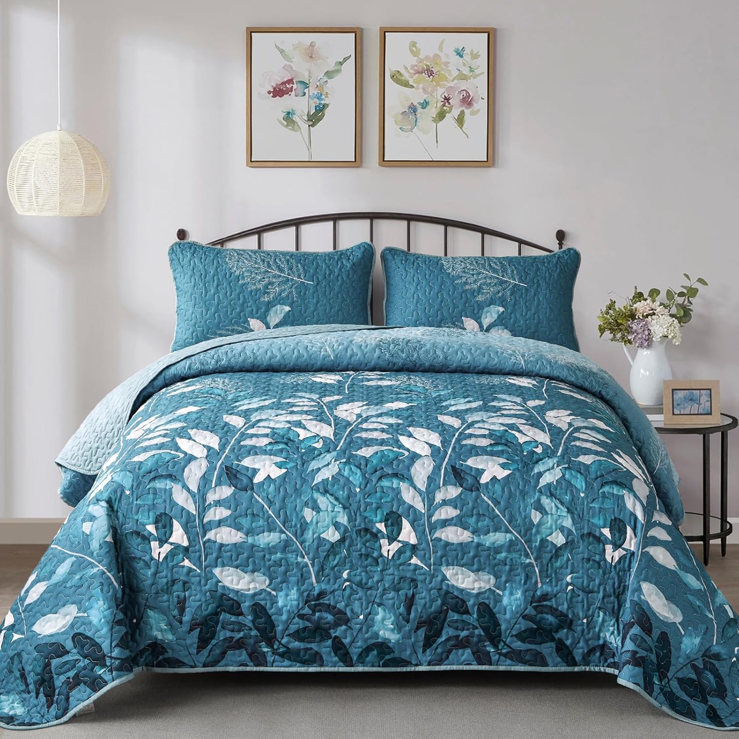 WONGS BEDDING Blue Quilt Set King Size,3 Pieces Navy Blue Floral Bedspread Coverlet Set with 2 Pillowcases,Soft Microfiber Lightweight Grayish Blue Gradient Floral Bedding Set 104"×90" - Image 19