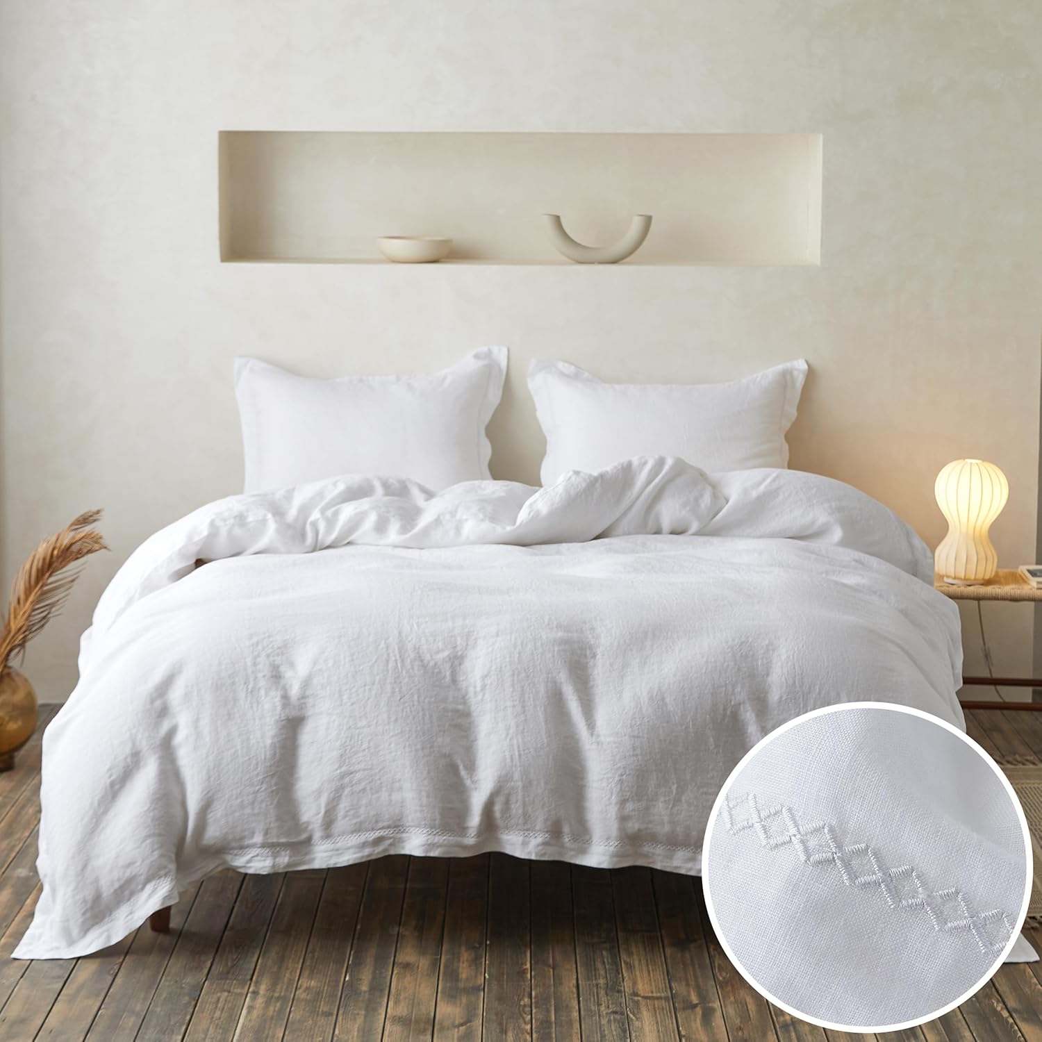 Simple&Opulence 100% Linen Duvet Cover Set with Embroidery Washed - 3 Pieces (1 Duvet Cover with 2 Pillow Shams) with Button Closure Soft Breathable Farmhouse - Linen, King Size - Image 16