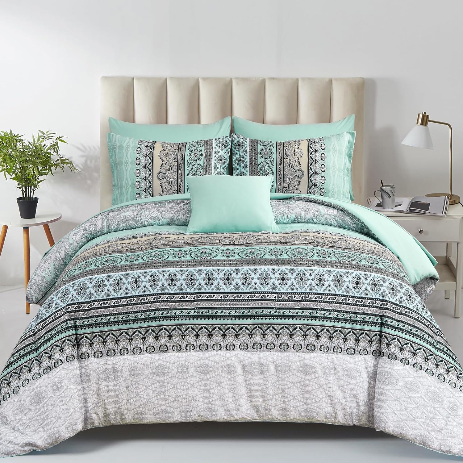 Cottolester Boho Comforter Set Full Size 8 Piece Bed in a Bag Bohemian Striped Bedding Quilt Set Aqua Paisley Floral Comforter and Sheet Set,Soft Microfiber Complete Bedding Sets for All Season - Image 15