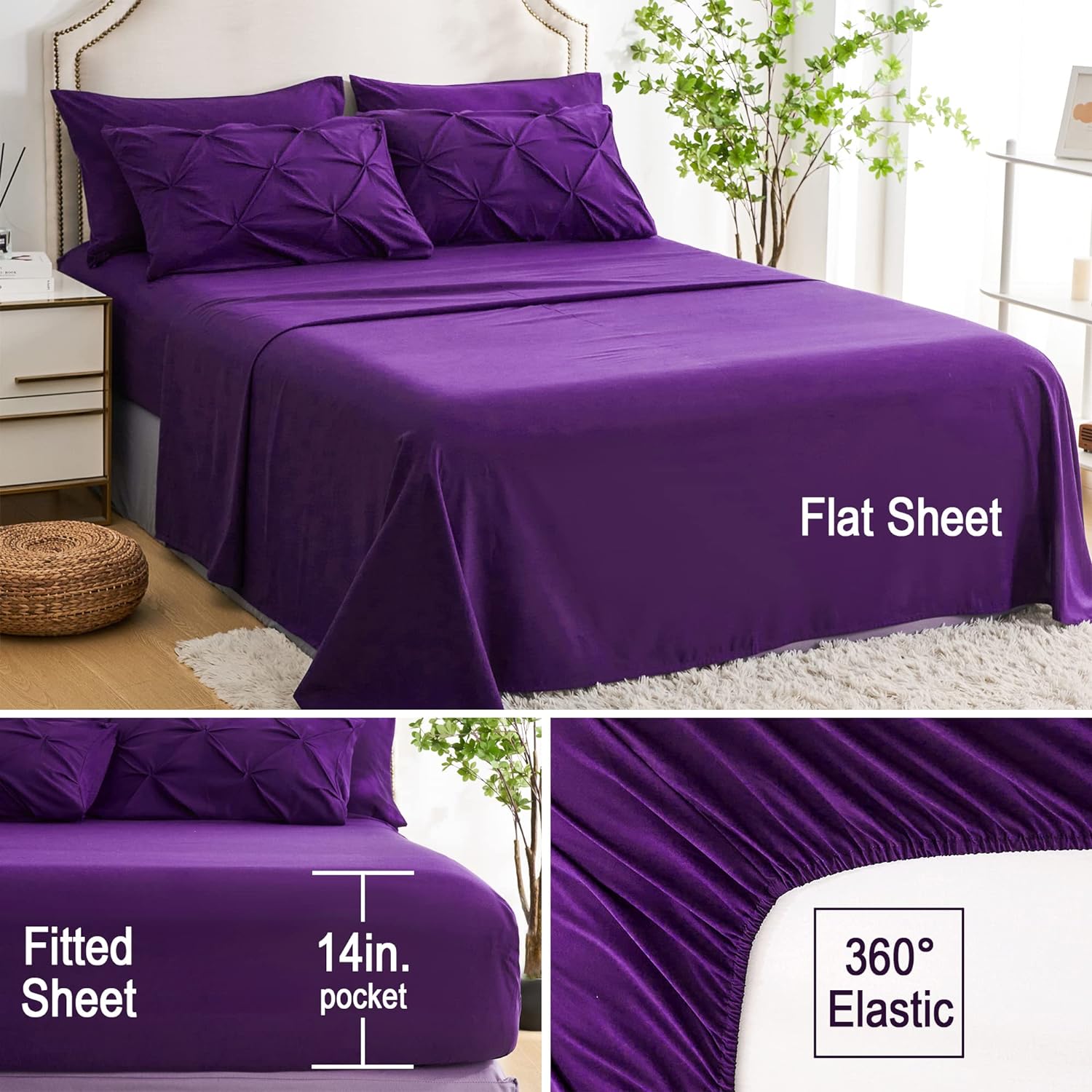 Ubauba 7pc Purple Comforter Set Queen Size with Sheets, Pintuck 7 Piece Bedding Comforters Bed in a Bag for All Season, Pinched Pleat Bed Set with Comforter (Purple,Queen) - Image 5