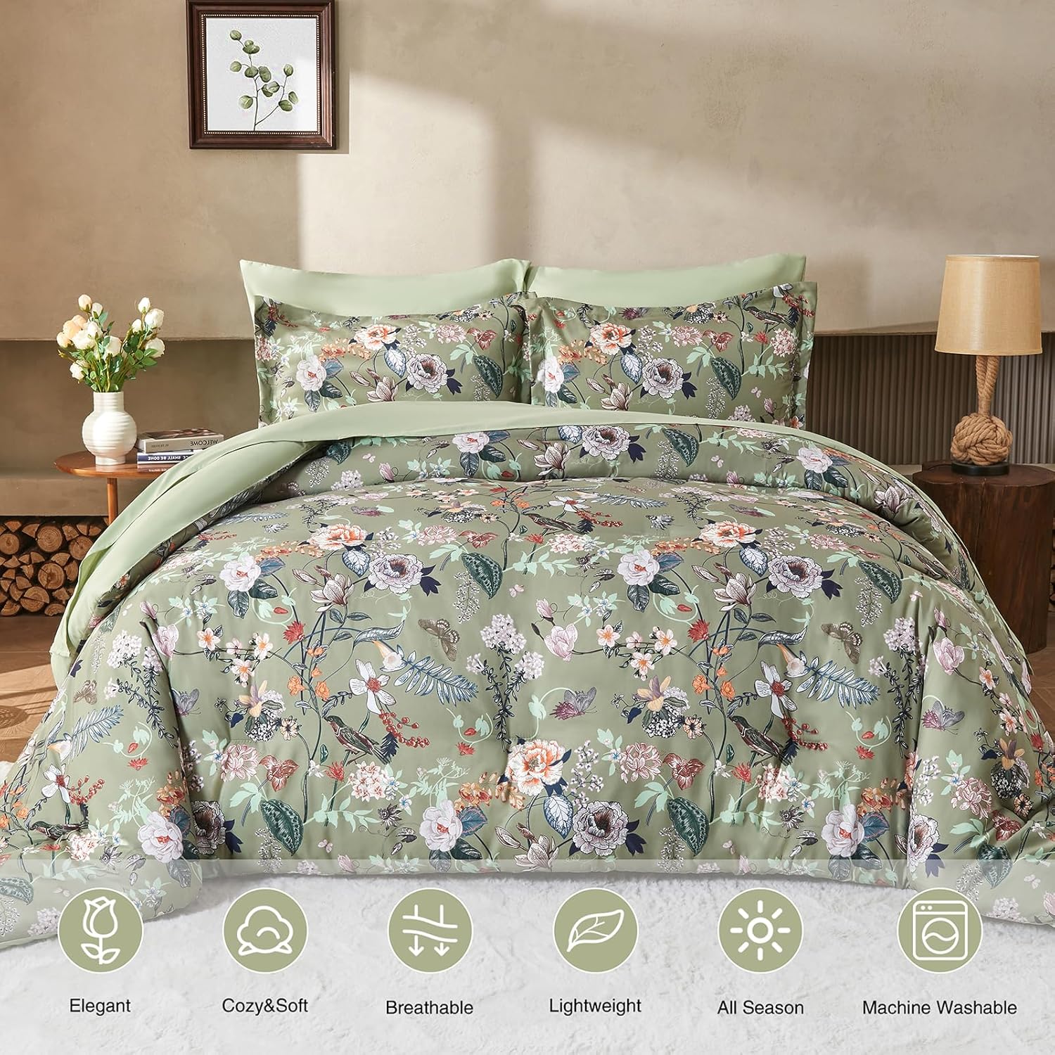 7 Piece Queen Comforter Set, Sage Green Butterfly Floral Comforter Set with Flowers Leaves Pattern, Soft Microfiber Complete Bedding Set for All Season(Sage Green, Queen) - Image 2