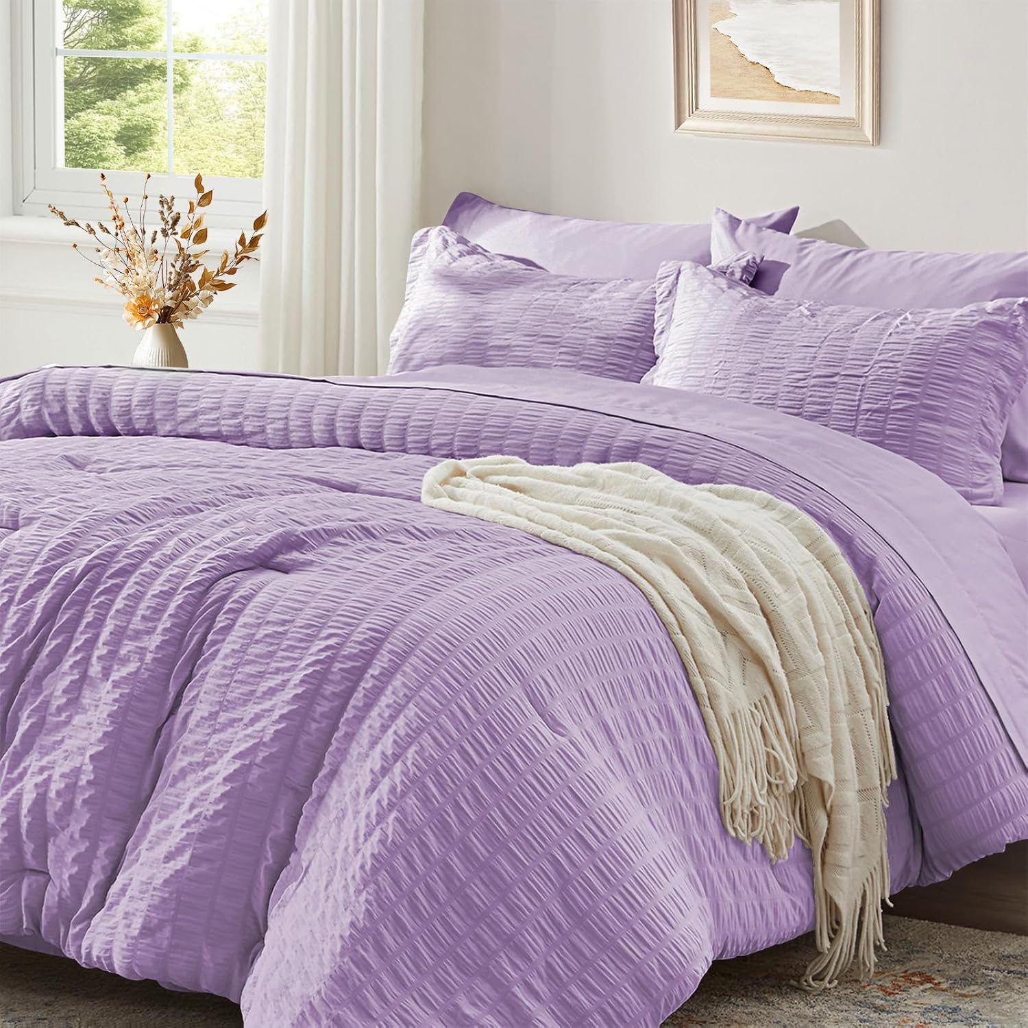 Zzlpp Queen Comforter Set 7 Pieces, Olive Green Seersucker Bed in a Bag with Comforter and Sheets, All Season Bedding Sets with 1 Comforter, 2 Pillow Shams, 2 Pillowcases, 1 Flat Sheet - Image 24