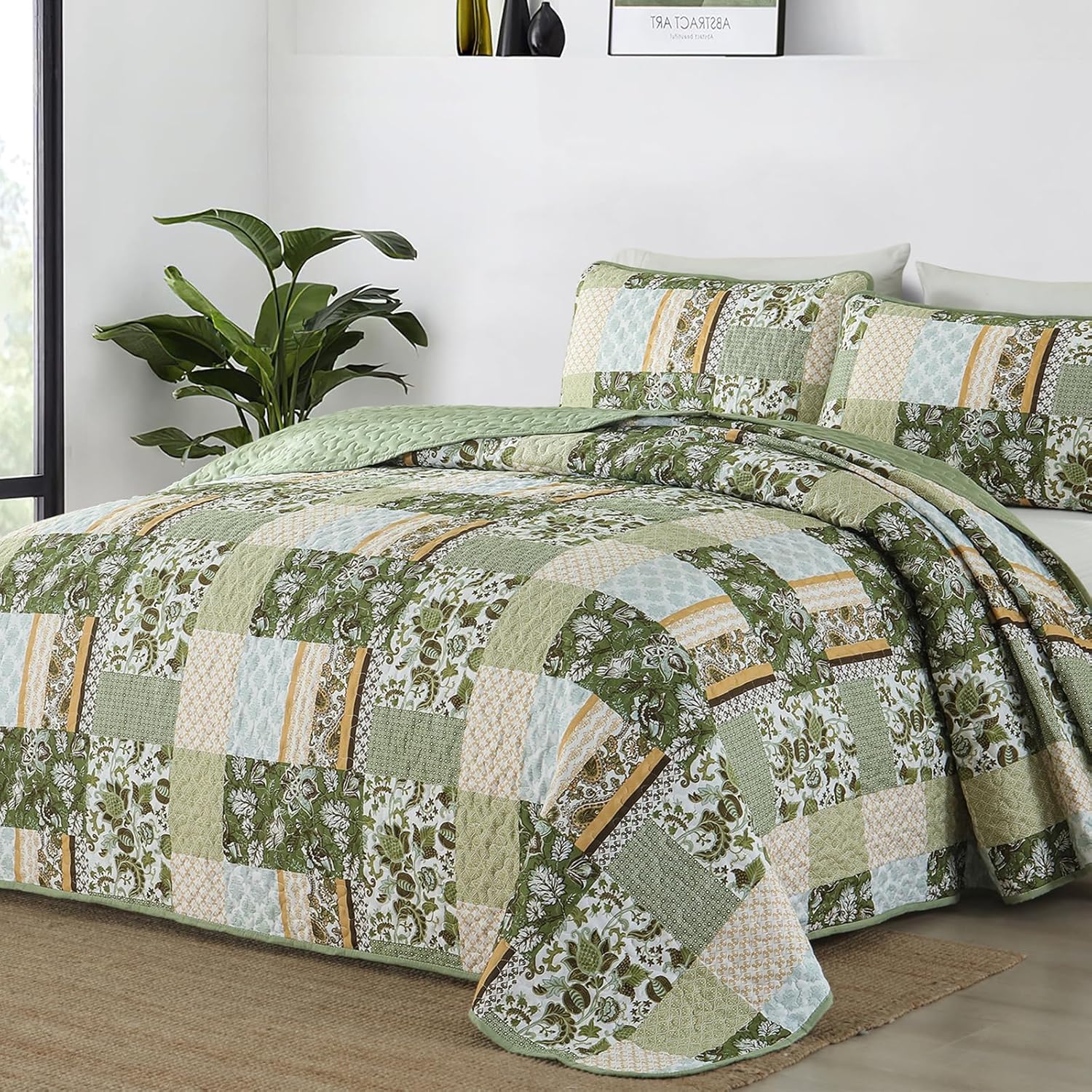 WONGS BEDDING Green Quilt Set King Size,Green Patchwork Plaid Printed Bedspread Coverlet Set,3 Pieces Summer Soft Microfiber Boho Bedding Set with 1 Quilt 2 Pillowcases - Image 11